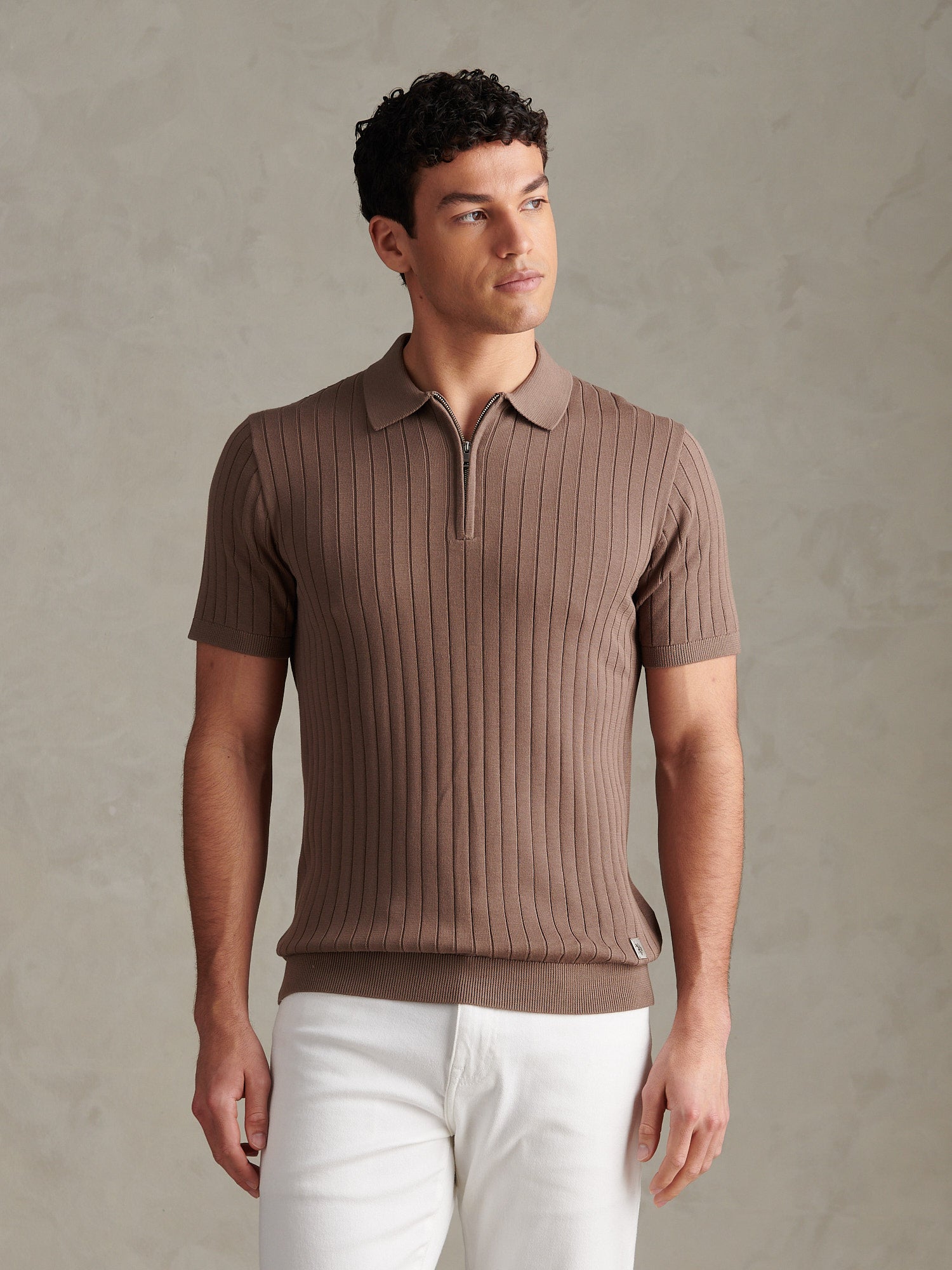 Mens Smart Textured Knit Quarter Zip Polo Shirt Walnut