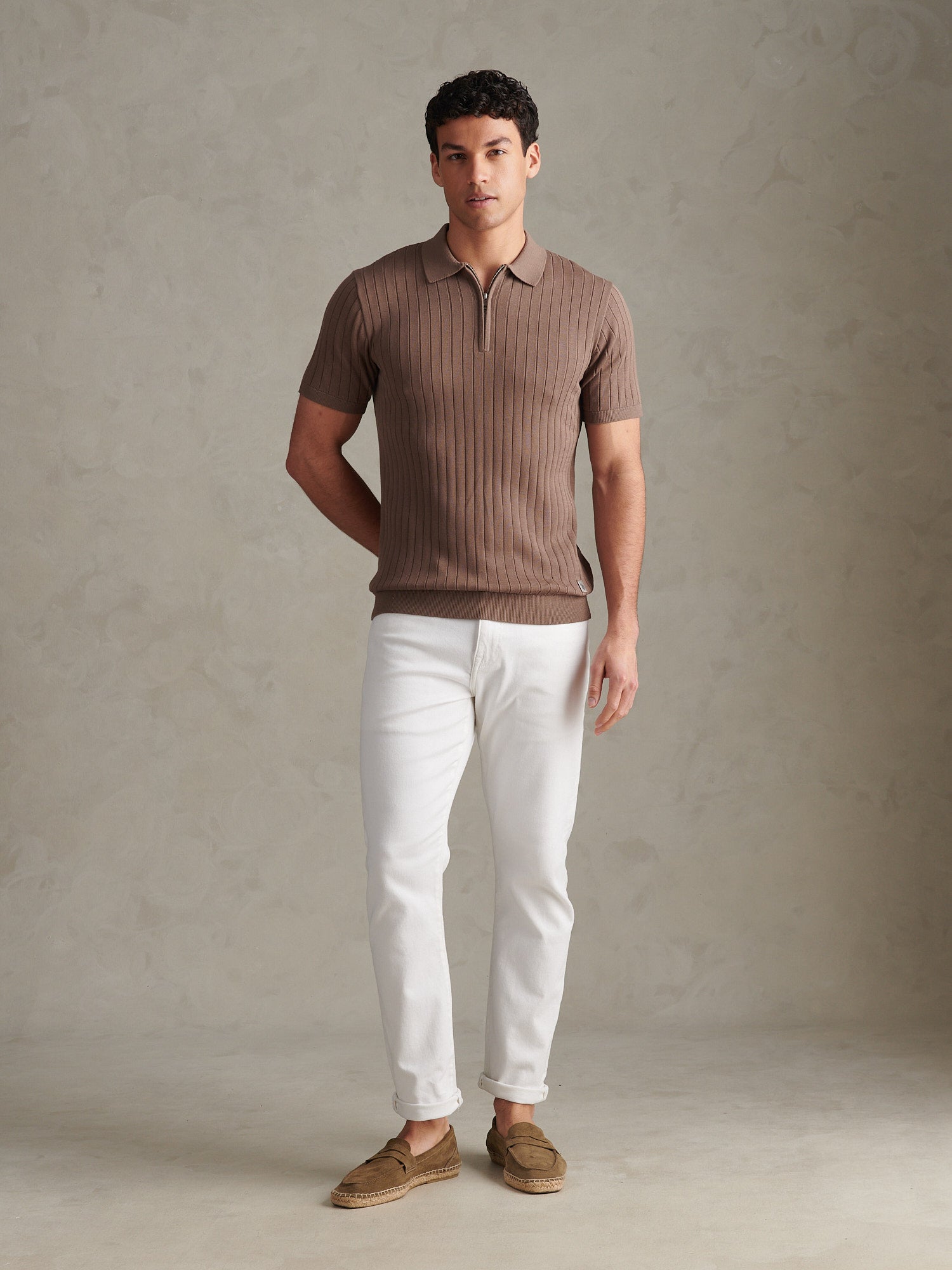 Mens Smart Textured Knit Quarter Zip Polo Shirt Walnut