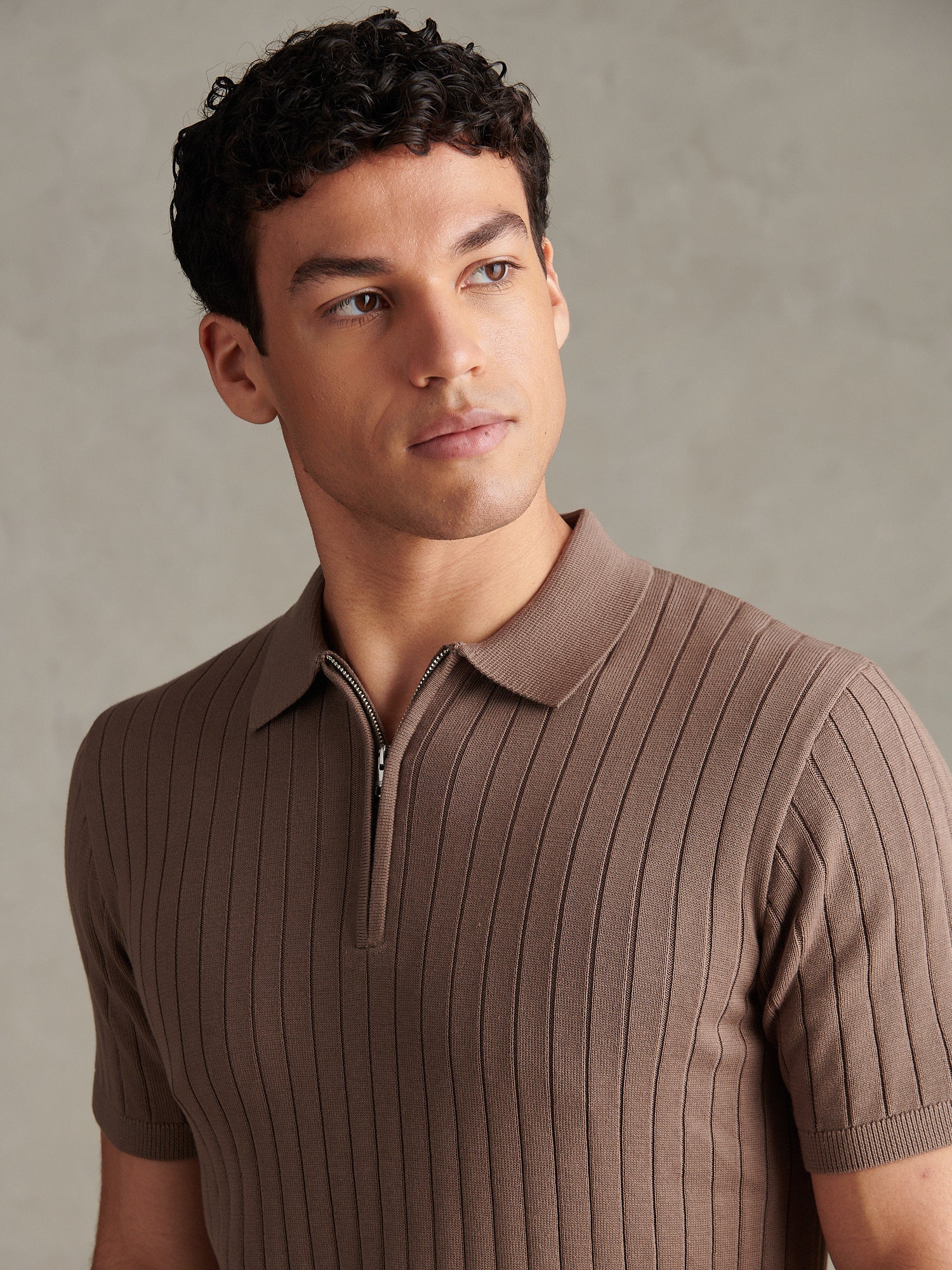 Mens Smart Textured Knit Quarter Zip Polo Shirt Walnut
