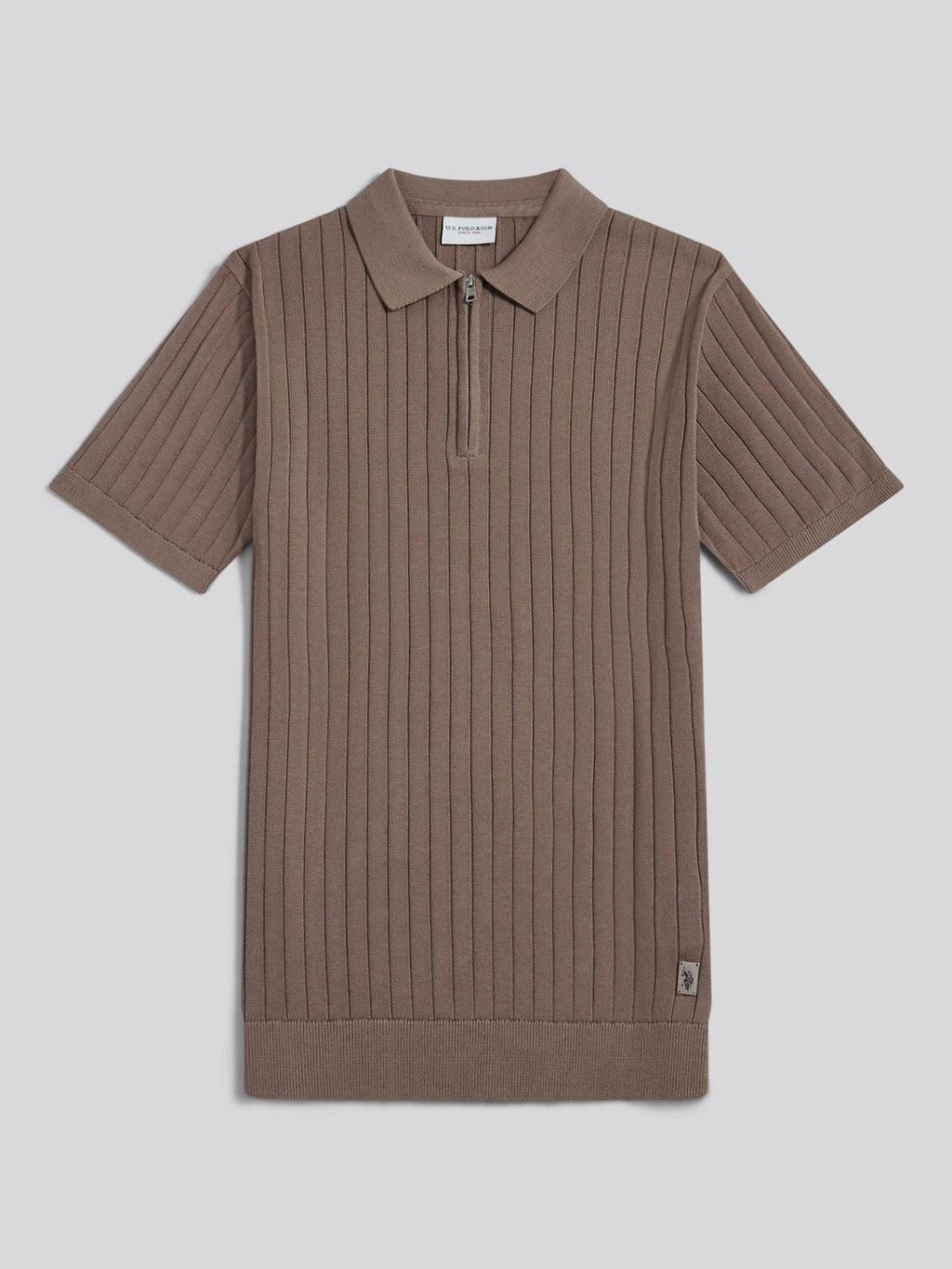 Mens Smart Textured Knit Quarter Zip Polo Shirt Walnut