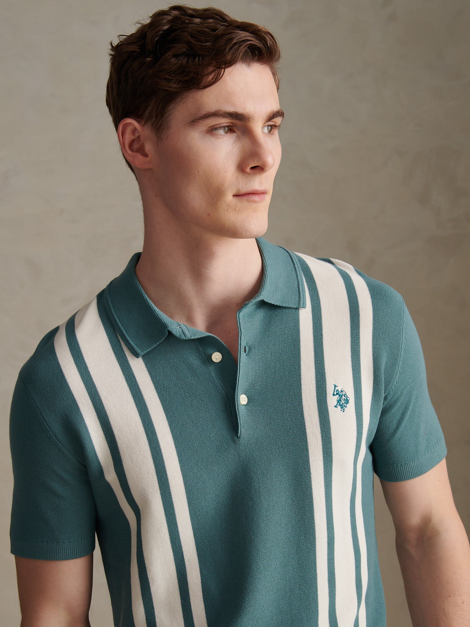 Mens Tonal Vertical Stripe Knit Polo Shirt Arctic