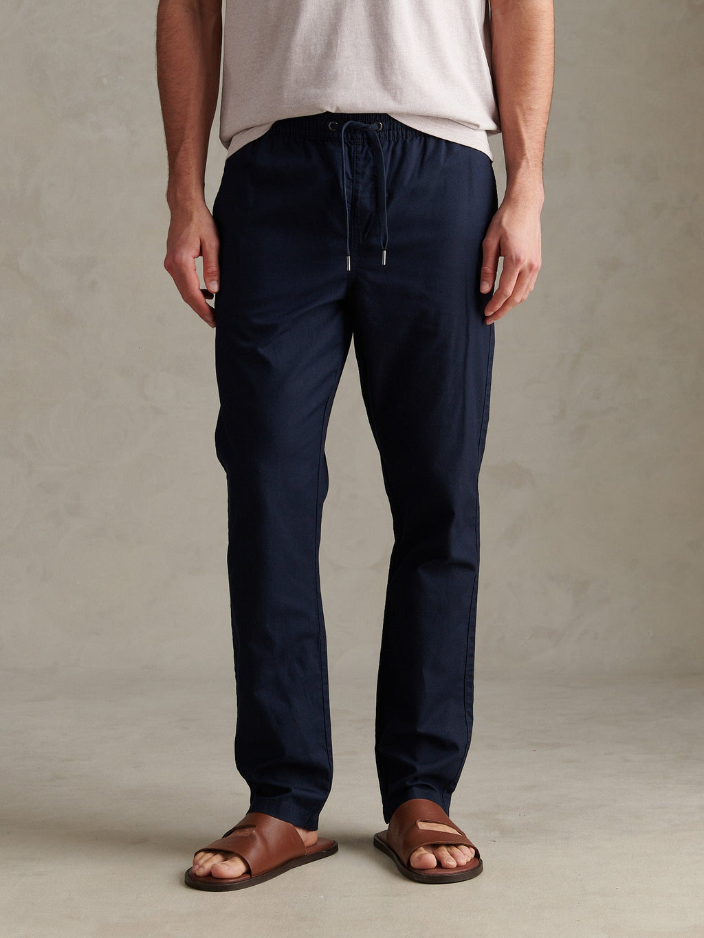 Mens Linen Blend Drawstring Trousers Dark Sapphire Navy / Haute Red DHM