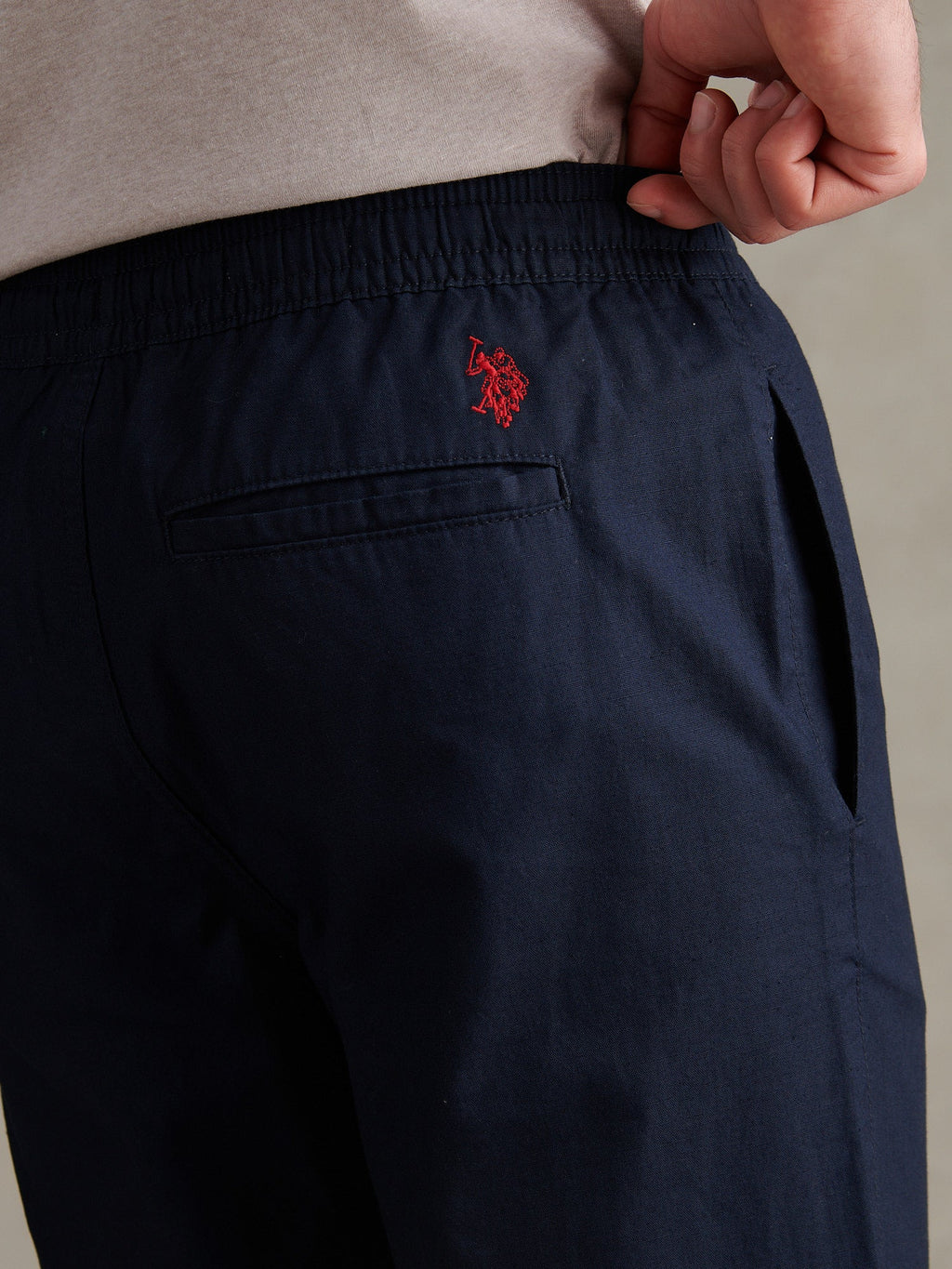 Mens Linen Blend Drawstring Trousers Dark Sapphire Navy / Haute Red DHM