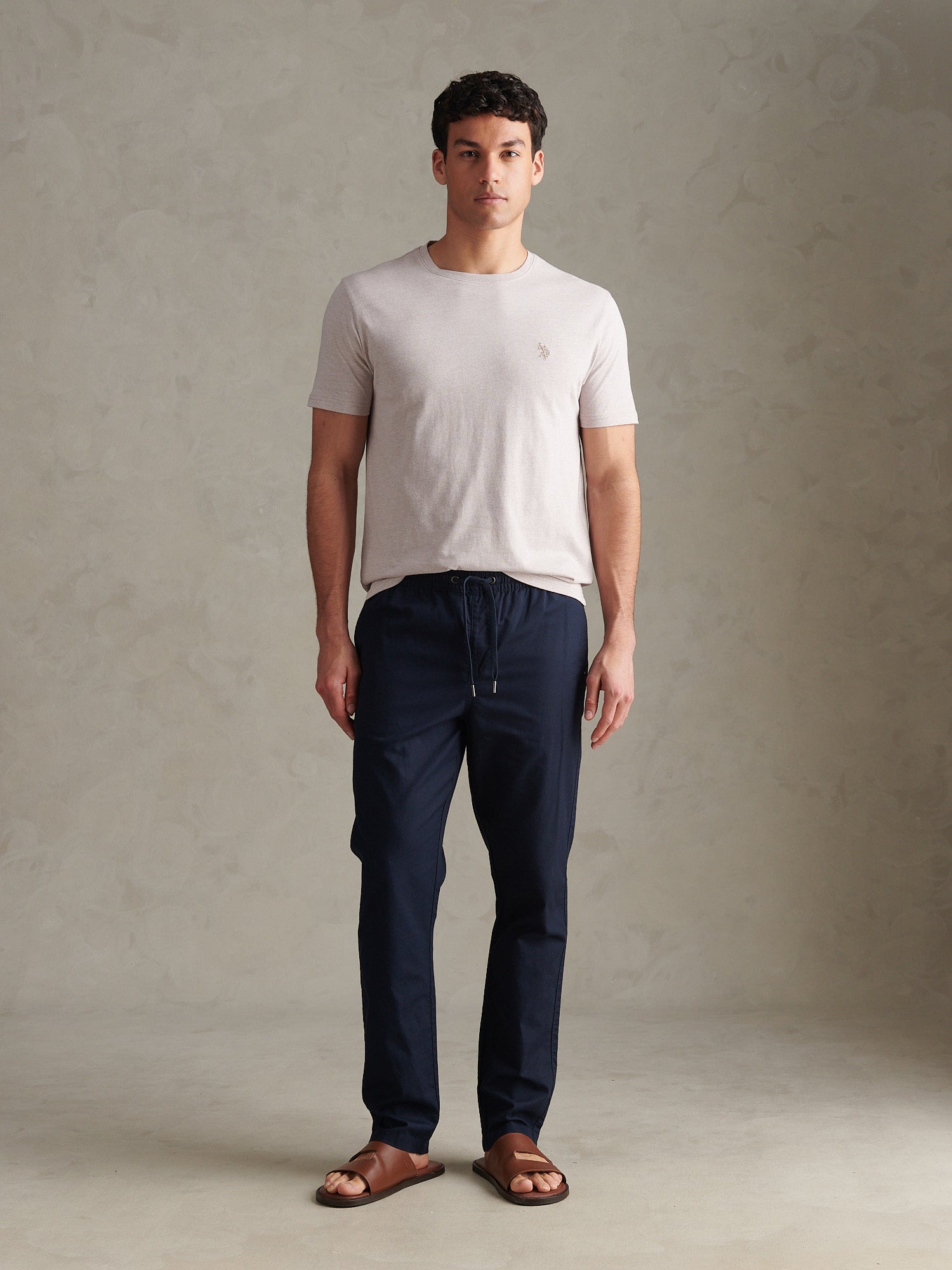 Mens Linen Blend Drawstring Trousers Dark Sapphire Navy / Haute Red DHM