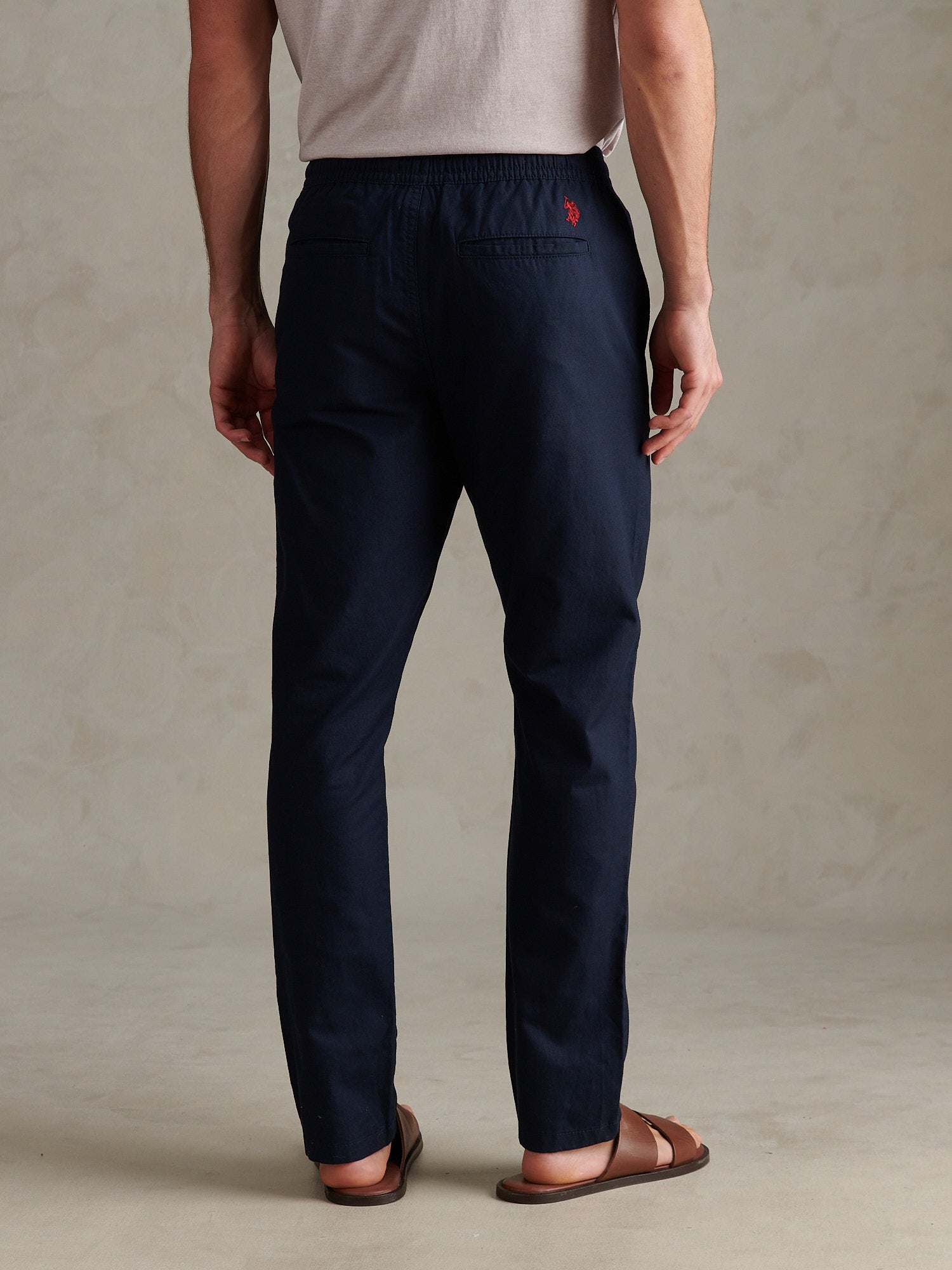 Mens Linen Blend Drawstring Trousers Dark Sapphire Navy / Haute Red DHM