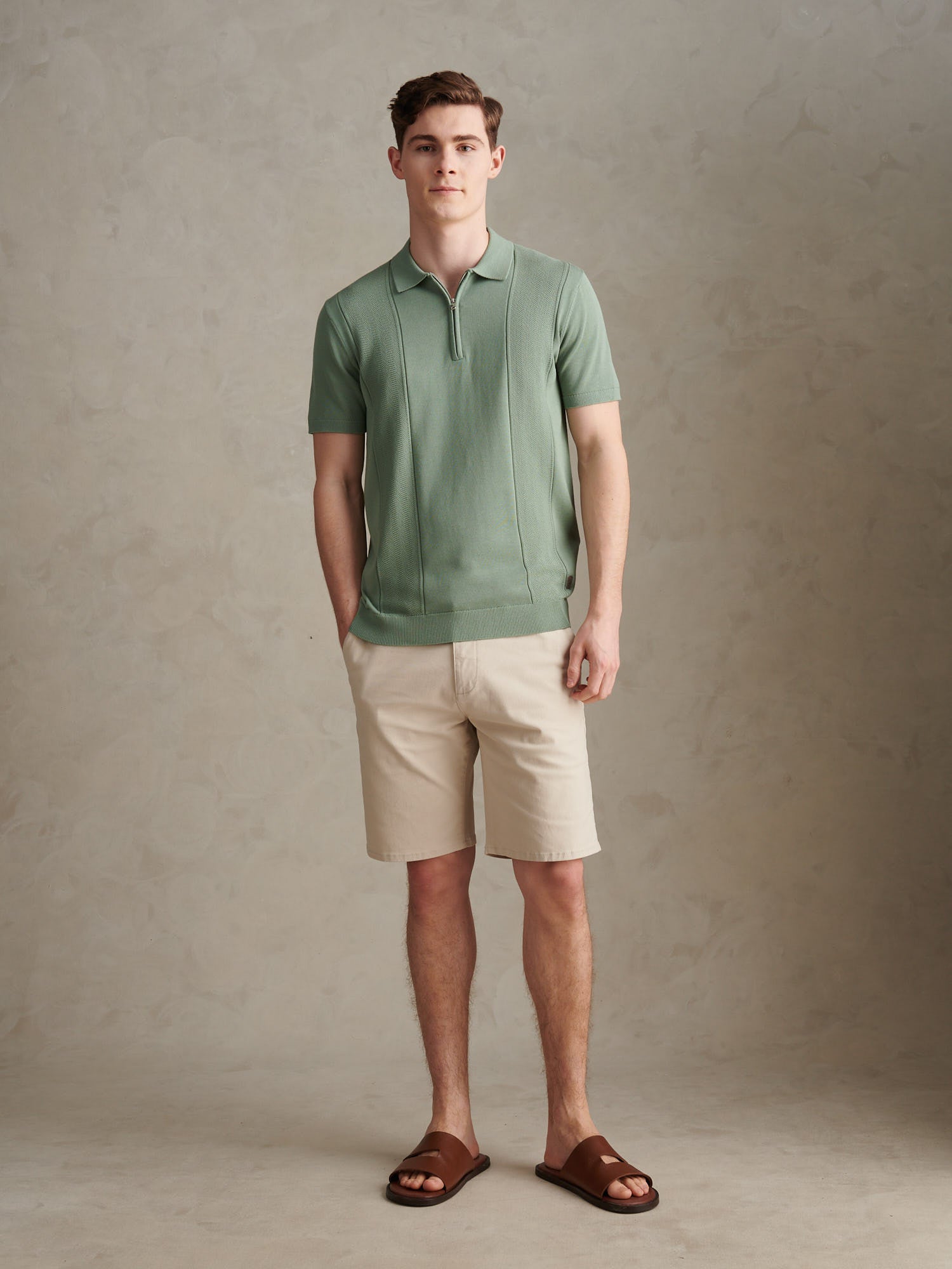 Mens Wide Texture Zip Knit Polo Shirt Green Bay