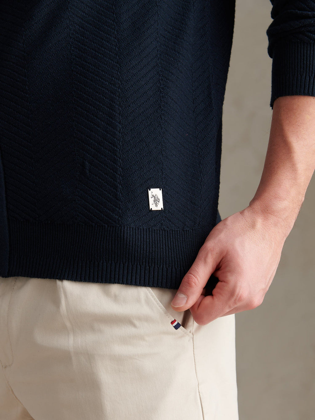 Mens Herringbone Full Zip Funnel Jumper Dark Sapphire Navy
