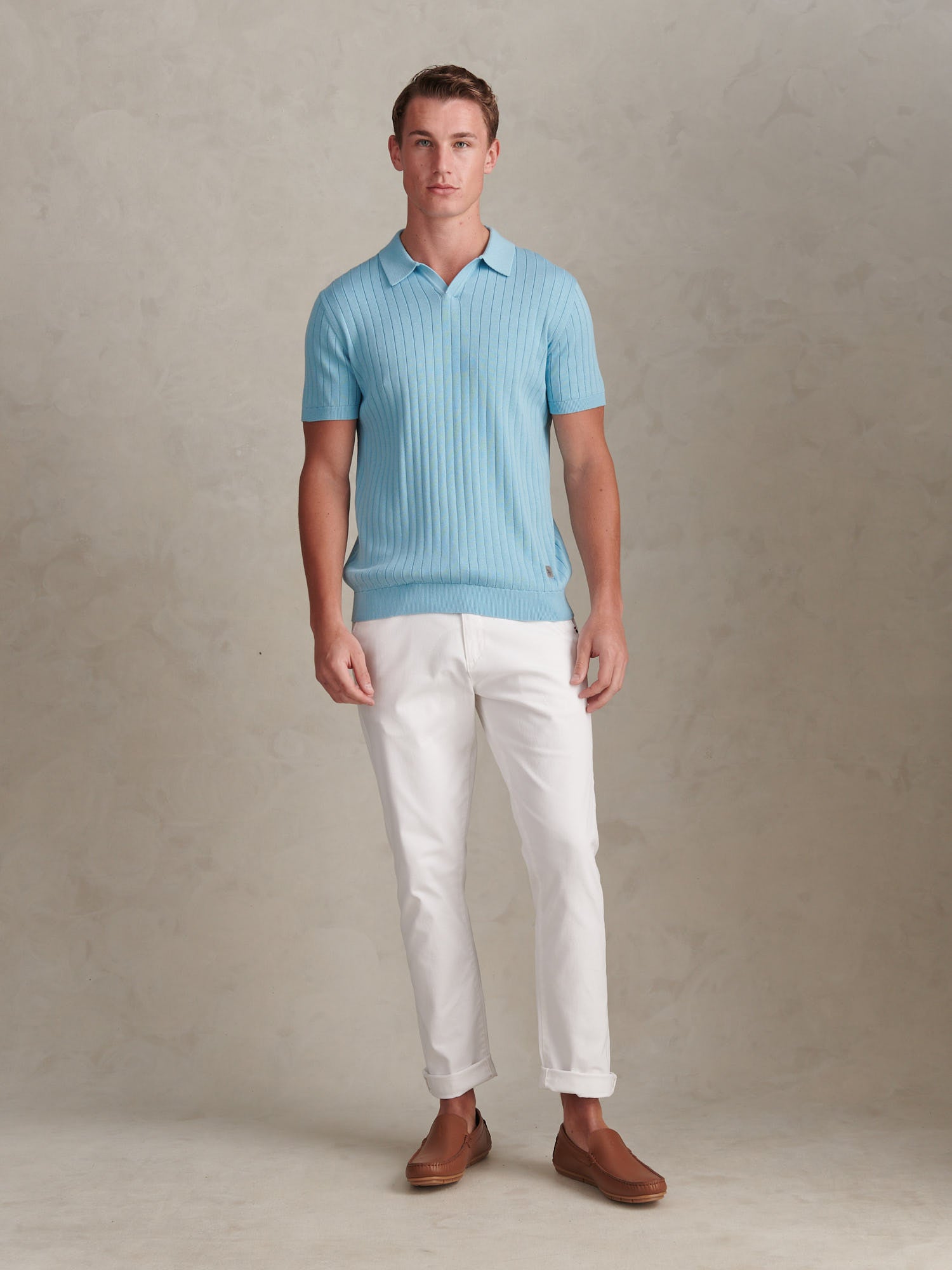 Mens Revere Collar Vertical Knit Polo Shirt Air Blue