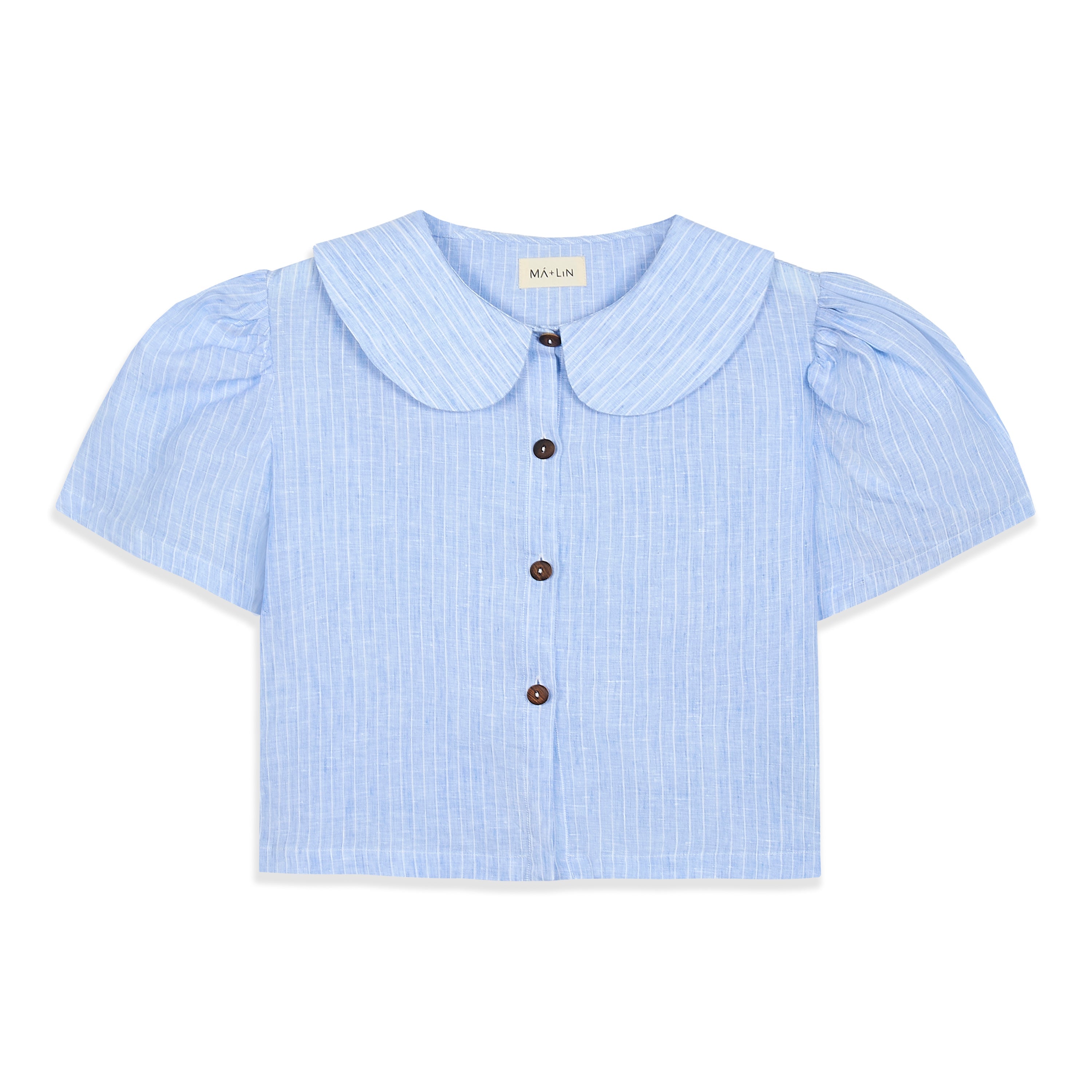 Frances Linen Cropped Blouse  - Sky Blue Stripe