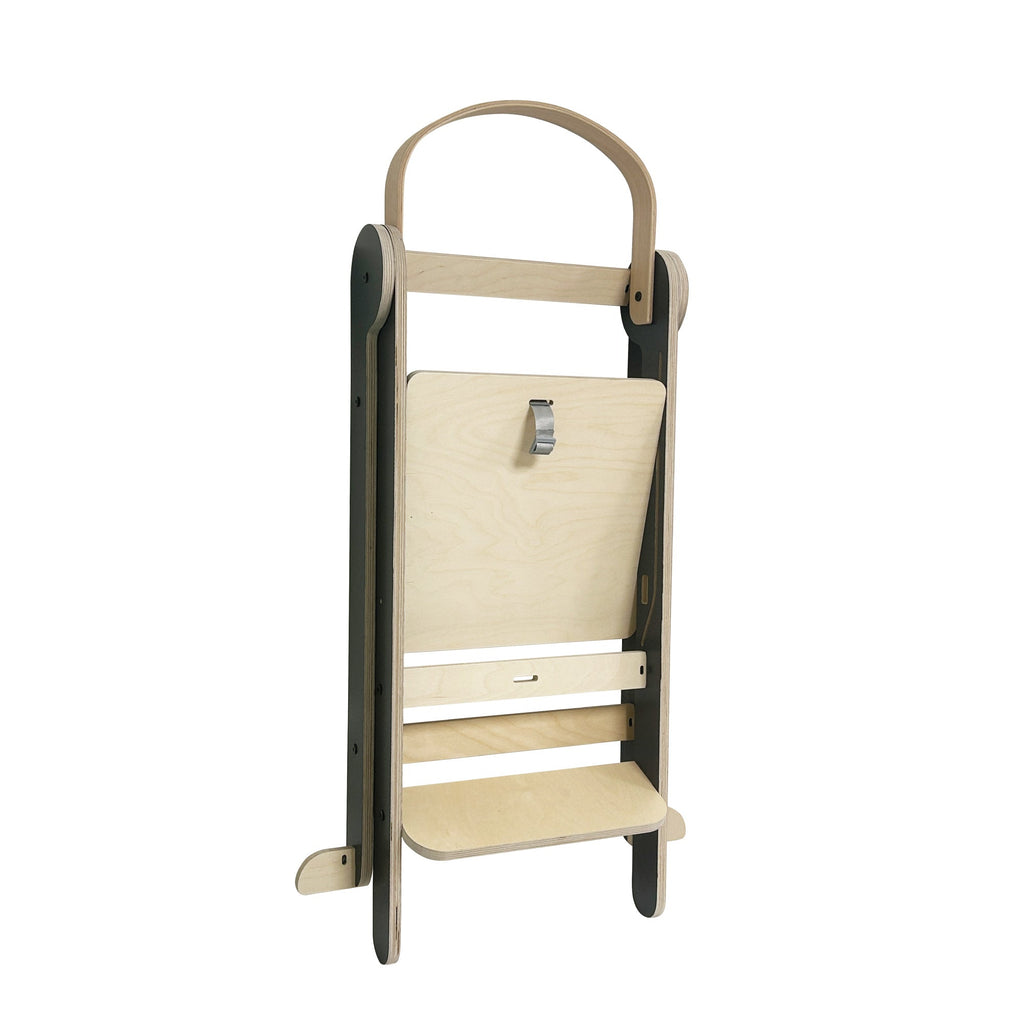 MamaToyz Folding Learning Tower Natural Beech Wood Montessori Child Safety Platform - Dark Grey / Natural