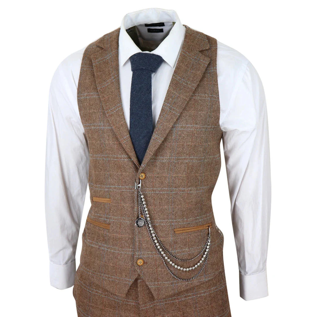 STZ73 - Men's 3 Piece Suit Wool Tweed Herringbone Tan Brown Blue Check 1920s Gatsby Formal Dress Suits