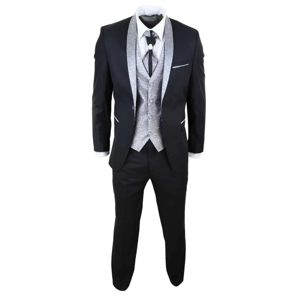 Sal-Yaica - Men's 4 Piece Wedding Suit Groom Shawl Collar Black Silver Cravat