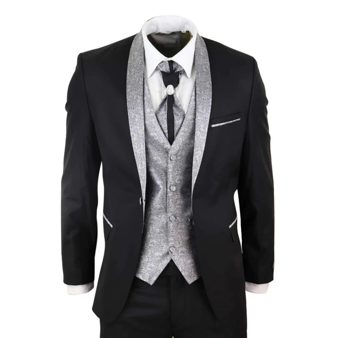 Sal-Yaica - Men's 4 Piece Wedding Suit Groom Shawl Collar Black Silver Cravat