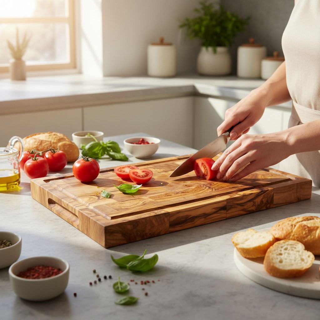 Professional Rectangular End Grain Olive Wood Cutting Board - Heavy Duty Butcher Block with Juice Groove & Handles