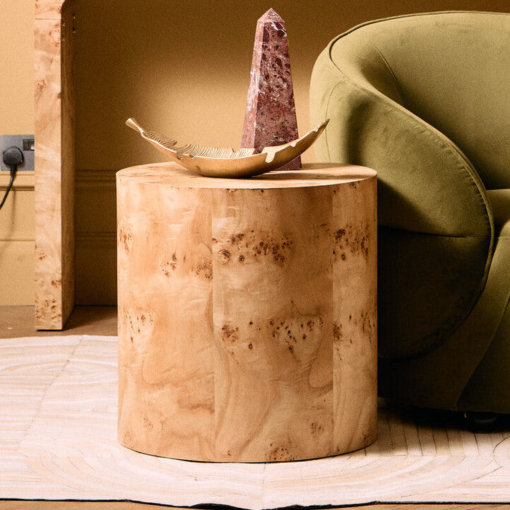 Orsina Mota Round Burl Wood Side Table – Natural Drum Accent Table