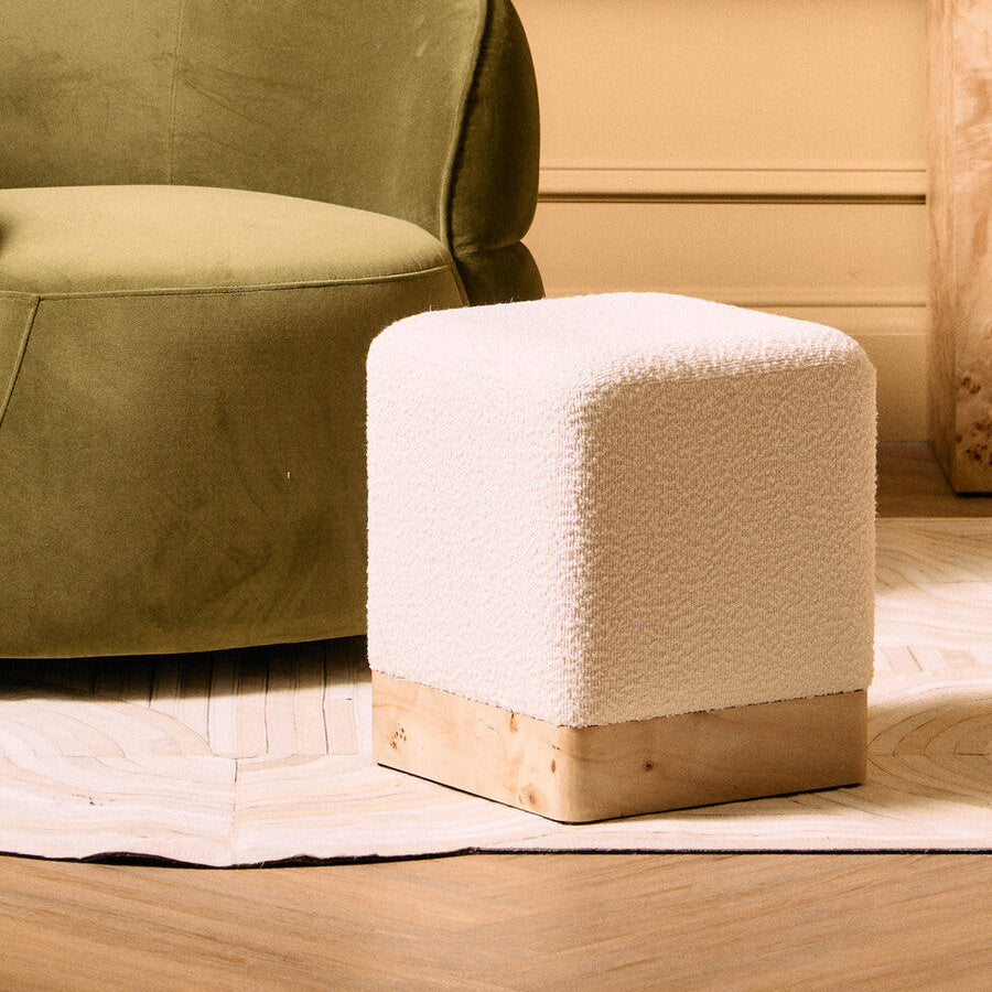 Orsina Mota Square Stool – Cream Boucle and Burl Wood Accent Ottoman