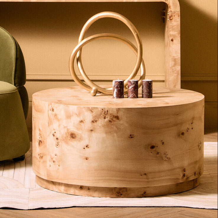 Orsina Mota Round Burl Wood Coffee Table – Drum Shape Design
