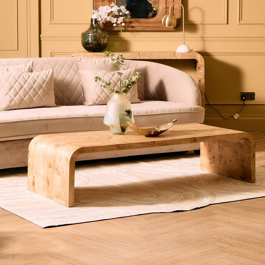 Orsina Mota Natural Burl Wood Curved Coffee Table – Japandi Style