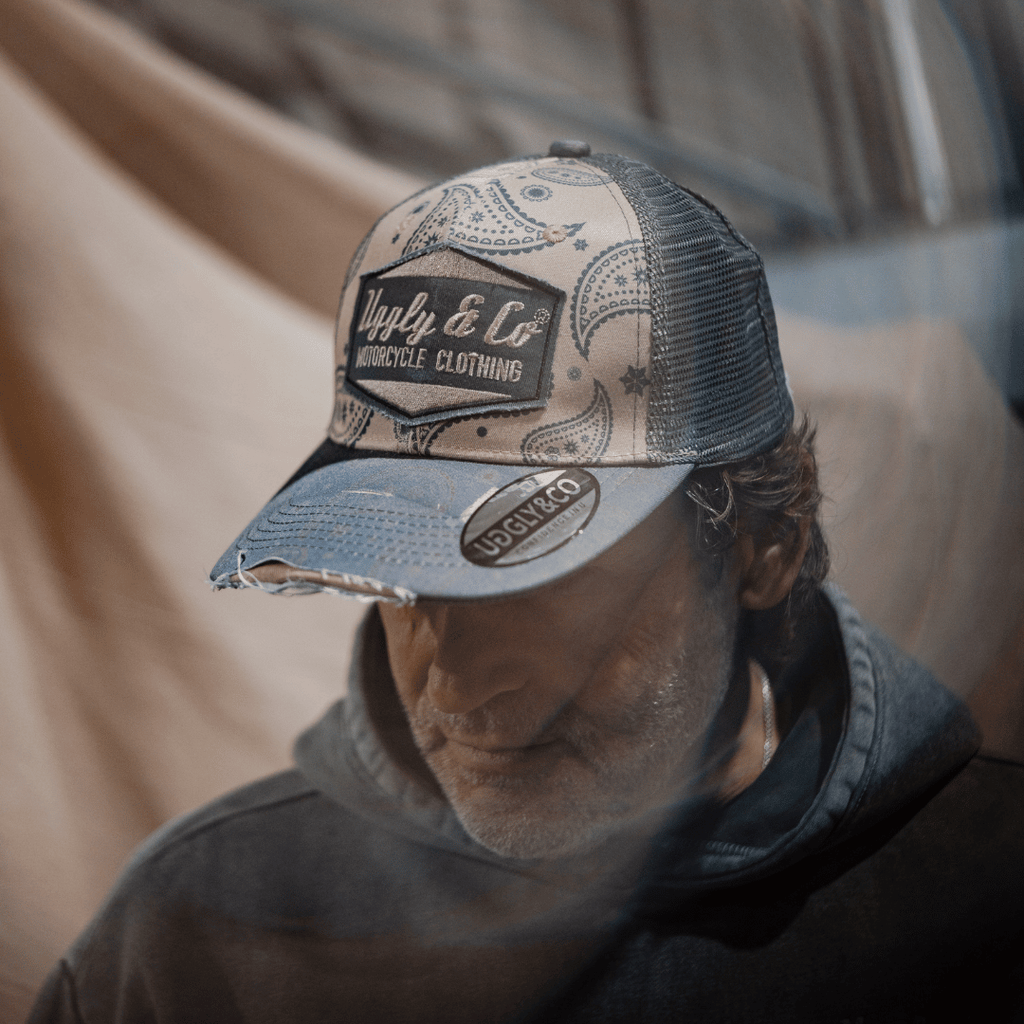Uggly & Co Bandana Diamond Trucker Hat – Distressed Vintage Blue Cap