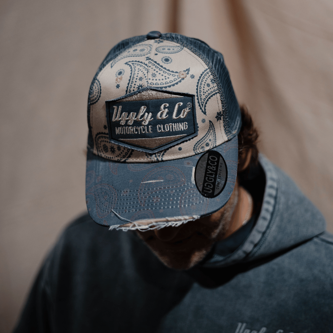 Uggly & Co Bandana Diamond Trucker Hat – Distressed Vintage Blue Cap