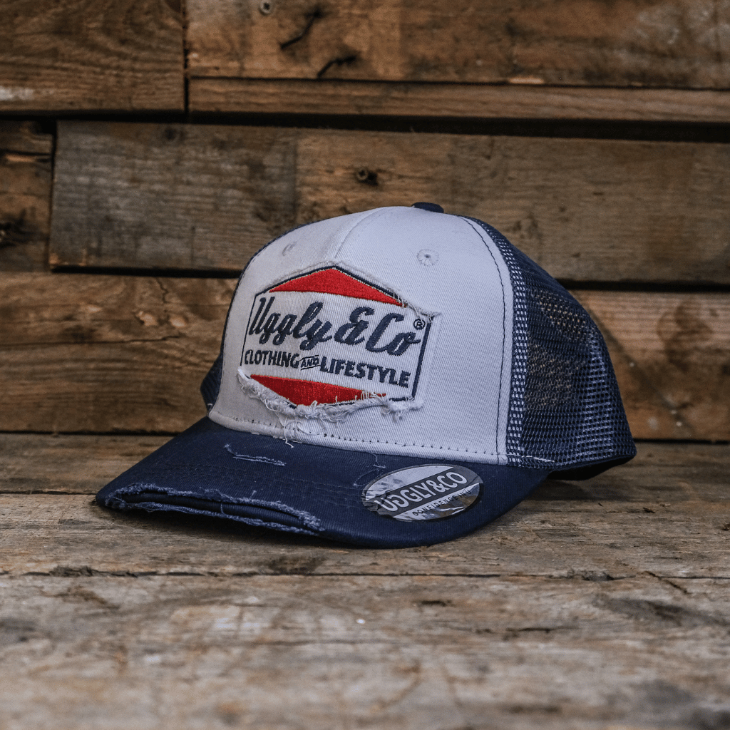Uggly & Co Navy Blue & White Diamond Distressed Trucker Hat