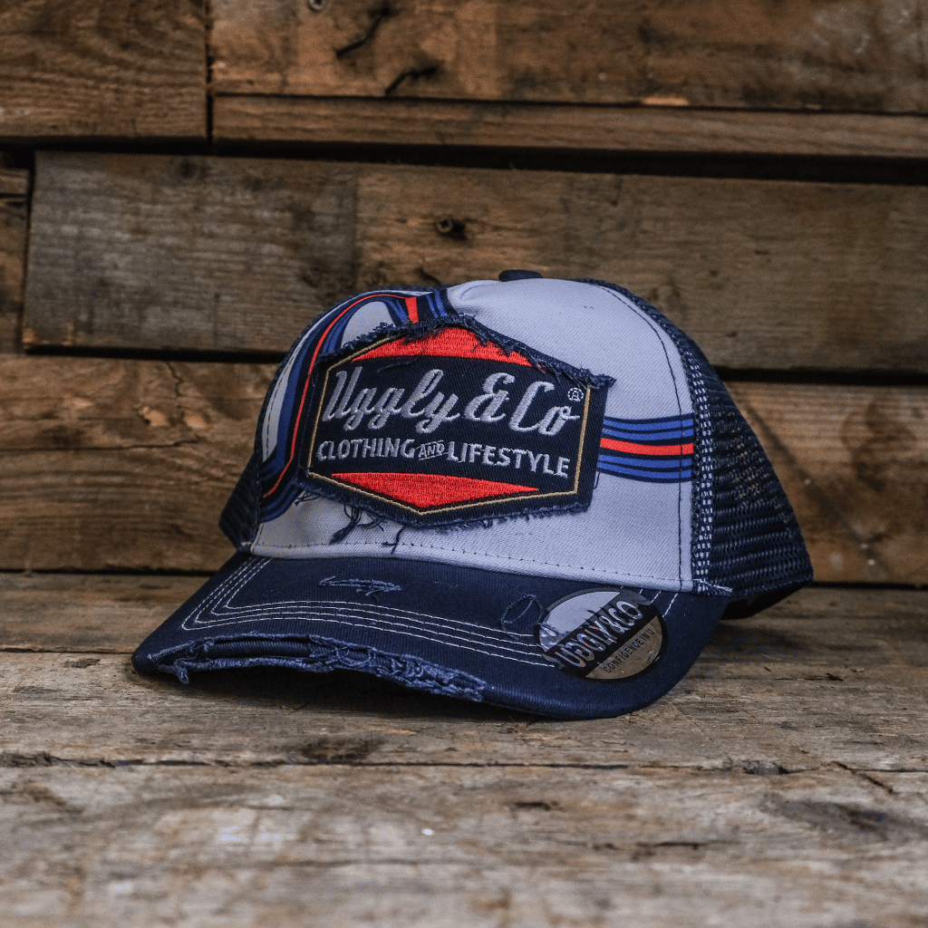 Uggly & Co Retro Blue & Red Diamond Trucker Hat – Vintage Racing Cap