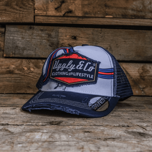 Uggly & Co Retro Blue & Red Diamond Trucker Hat – Vintage Racing Cap