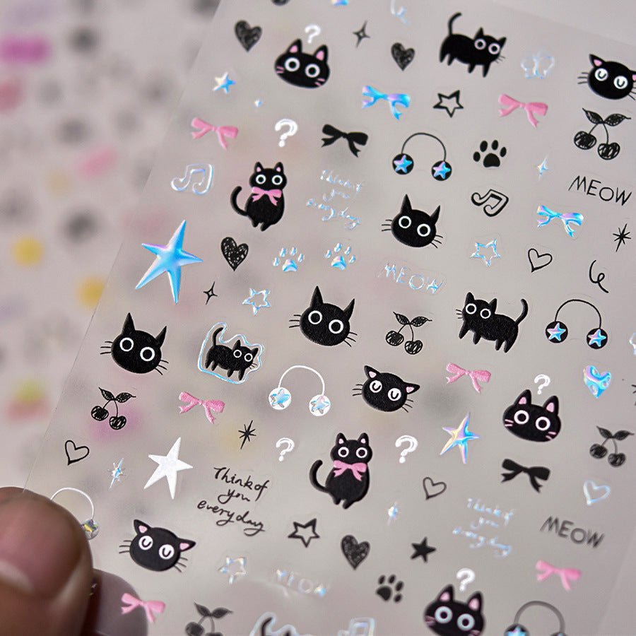 LuLuFun Studio Black Silver Kitty Nail Art Stickers – 1 Sheet Deco