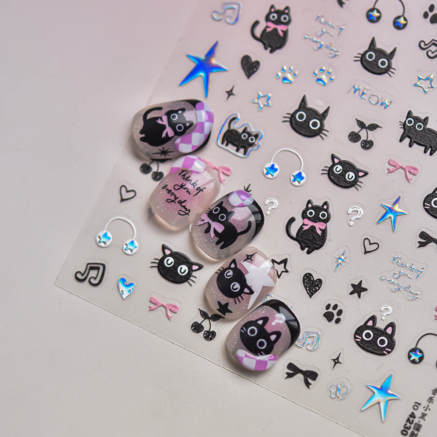 LuLuFun Studio Black Silver Kitty Nail Art Stickers – 1 Sheet Deco