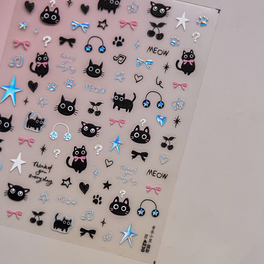LuLuFun Studio Black Silver Kitty Nail Art Stickers – 1 Sheet Deco