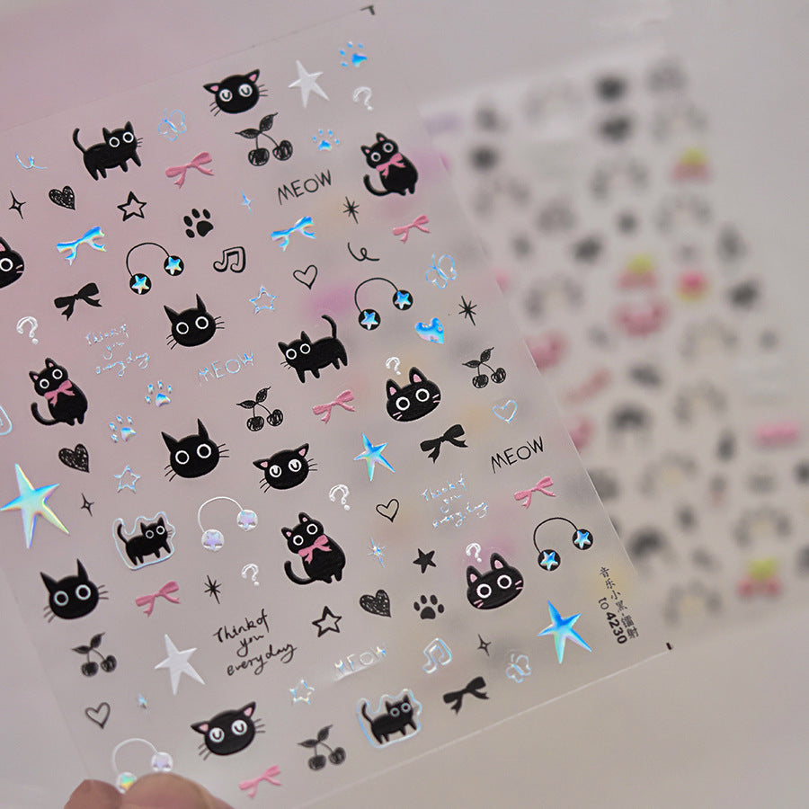 LuLuFun Studio Black Silver Kitty Nail Art Stickers – 1 Sheet Deco