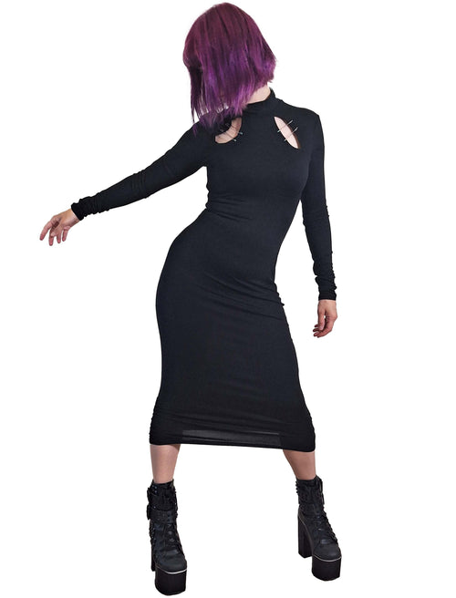 Necessary Evil Nyx Goth Midi Dress | Black Viscose Jersey Punk Style