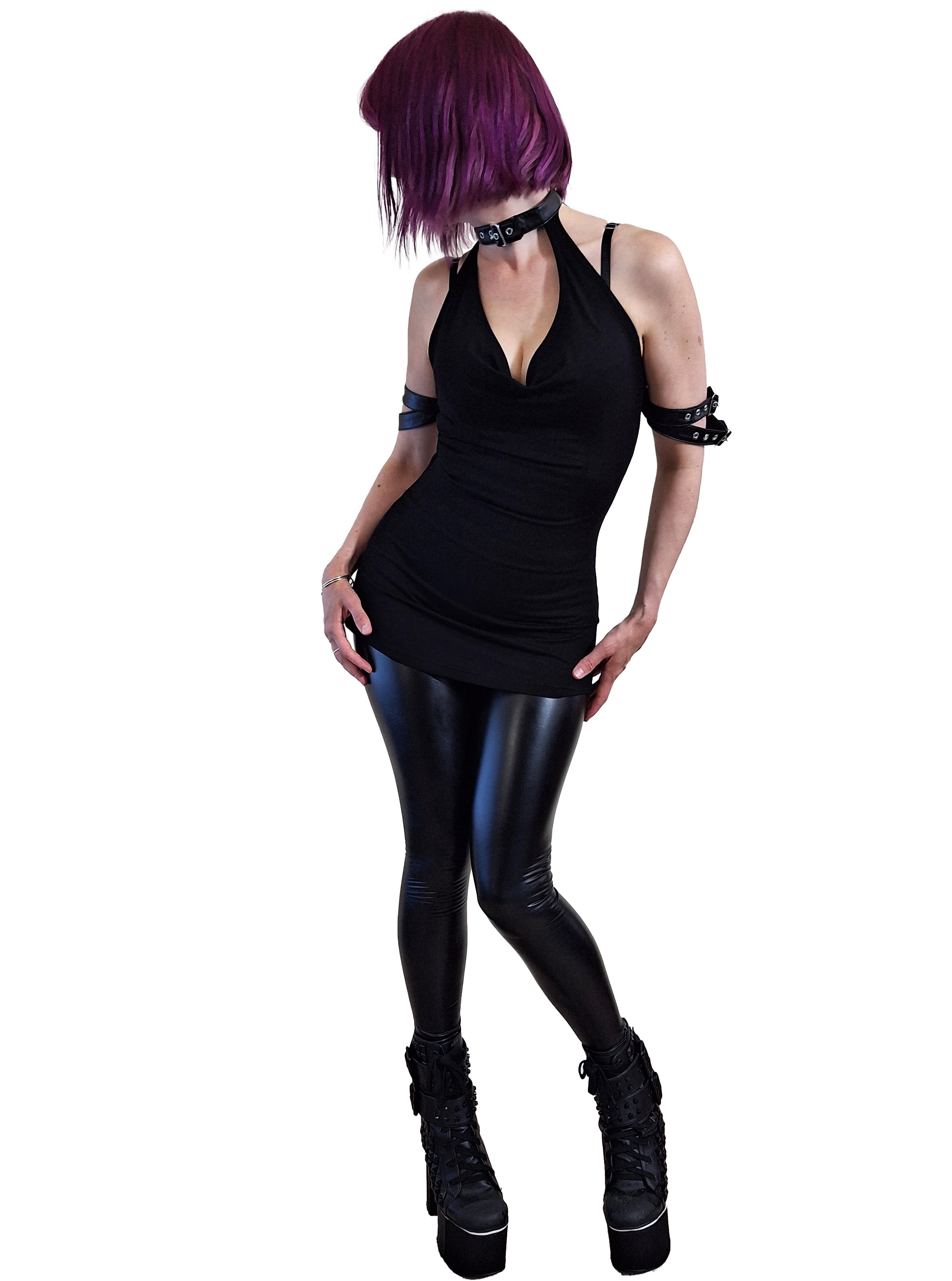 Necessary Evil Aphrodite Plunge Cowl Neck Top - Faux Leather Gothic