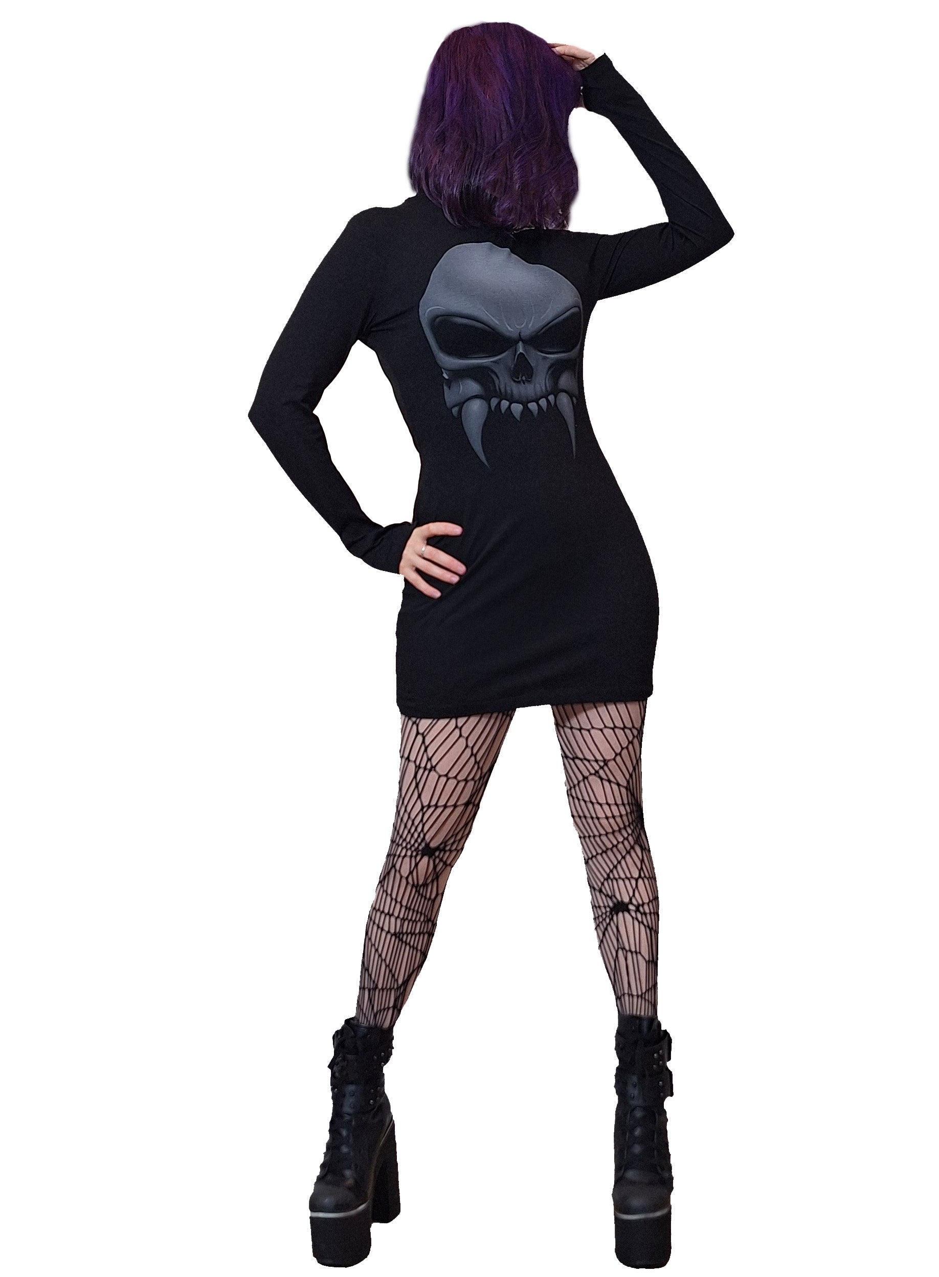 Necessary Evil Athena Vampire Skull Print Gothic Mini Dress – Grey