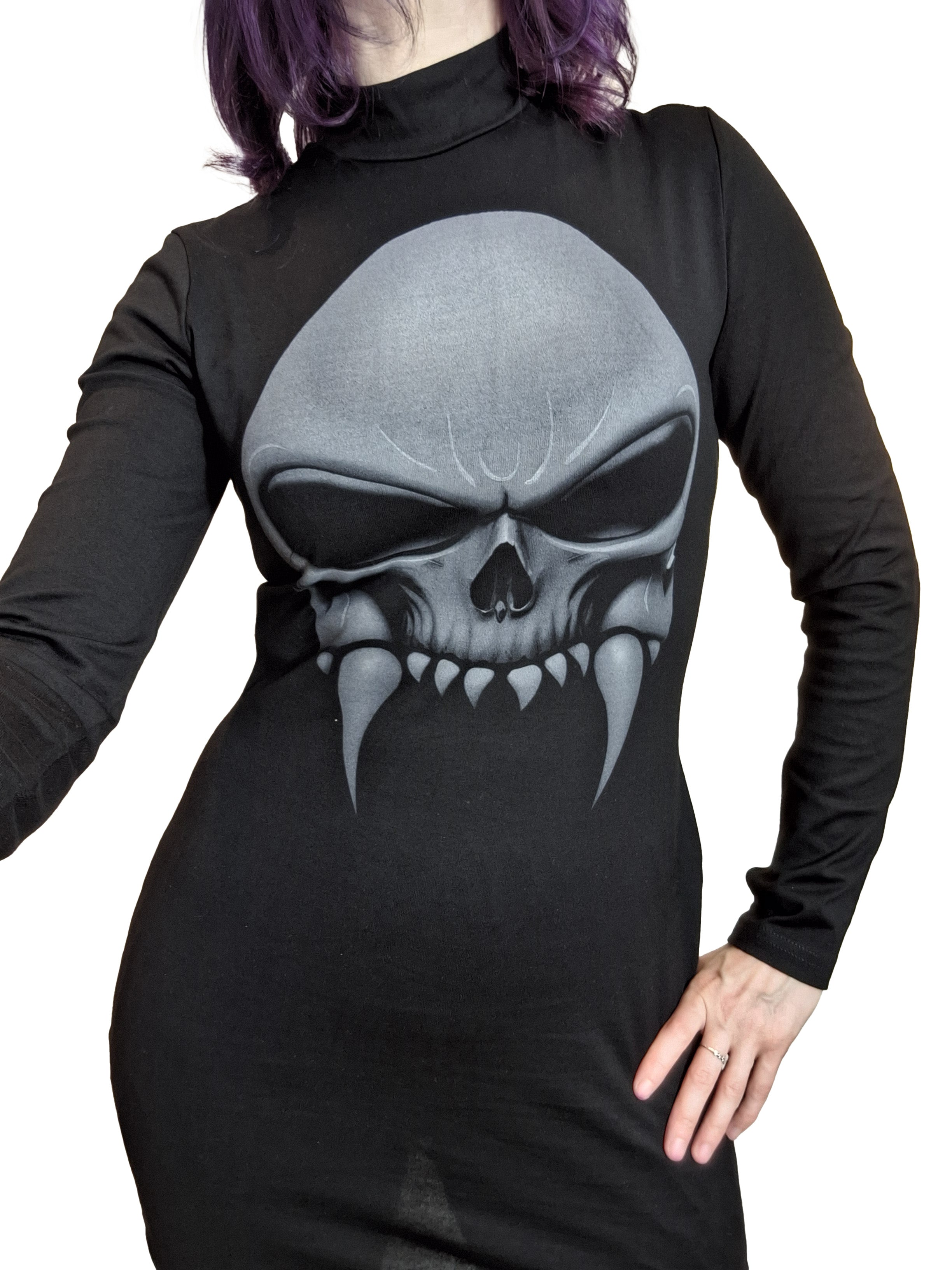 Necessary Evil Athena Vampire Skull Print Gothic Mini Dress – Grey