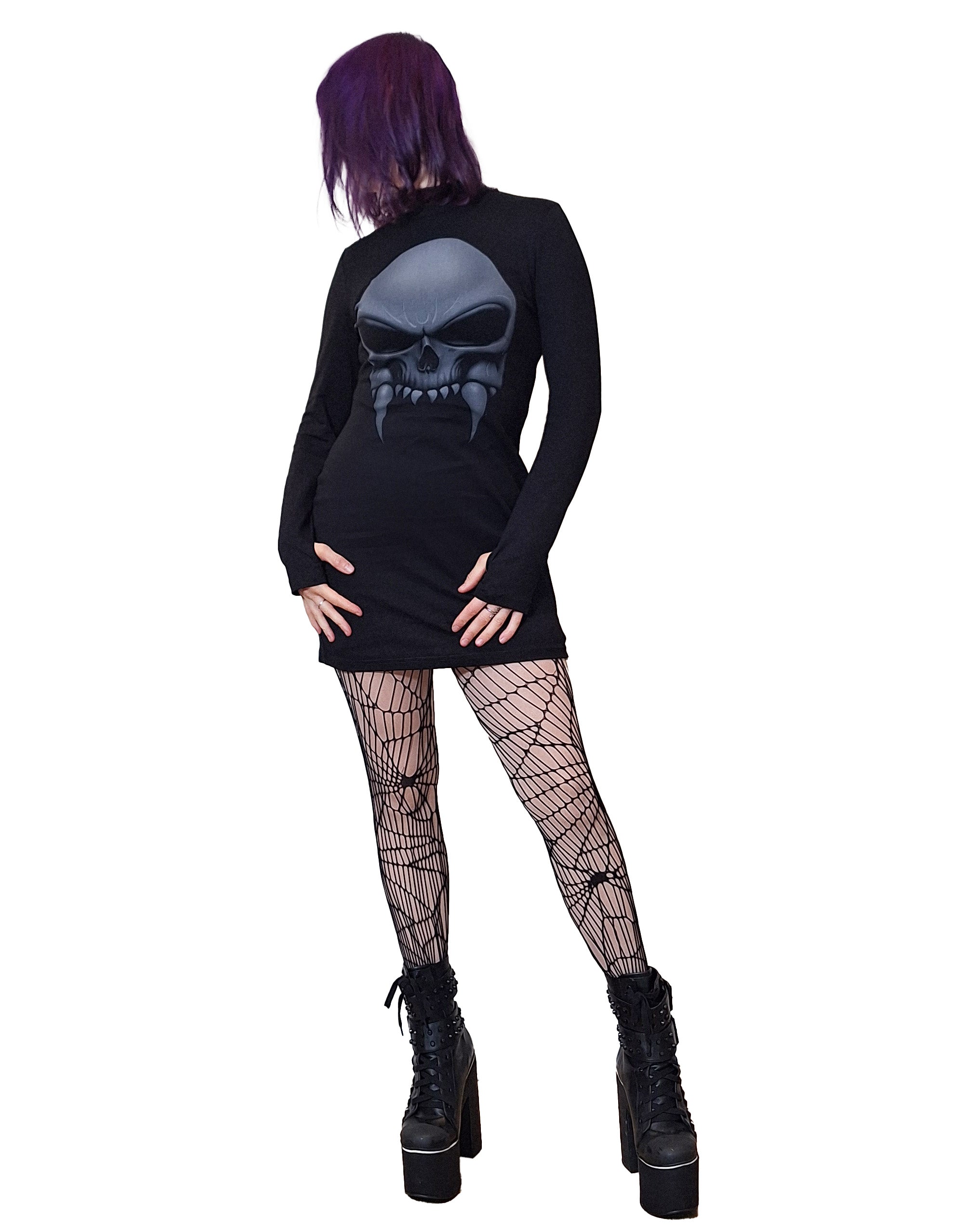Necessary Evil Athena Vampire Skull Print Gothic Mini Dress – Grey