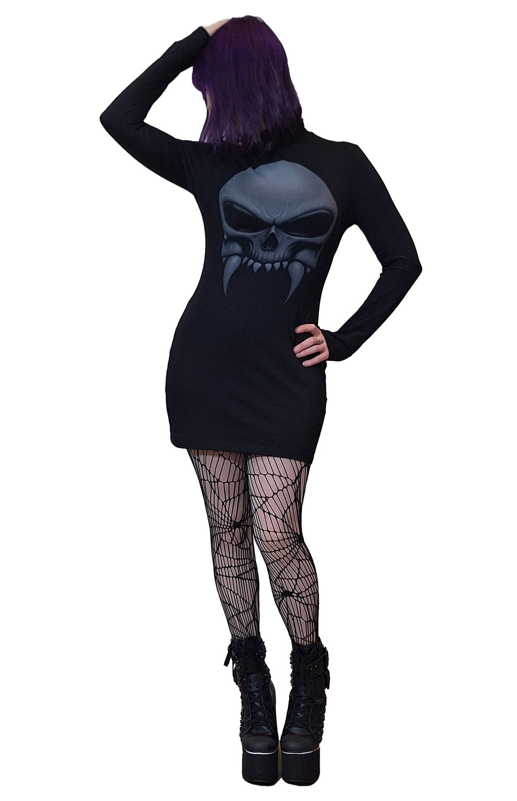 Necessary Evil Athena Vampire Skull Print Gothic Mini Dress – Grey