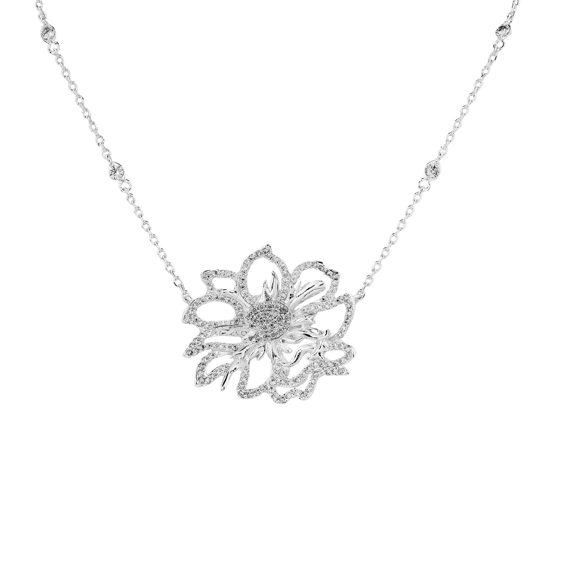 Redford Vine Flower Necklace | Silver-Plated Brass with Cubic Zirconia