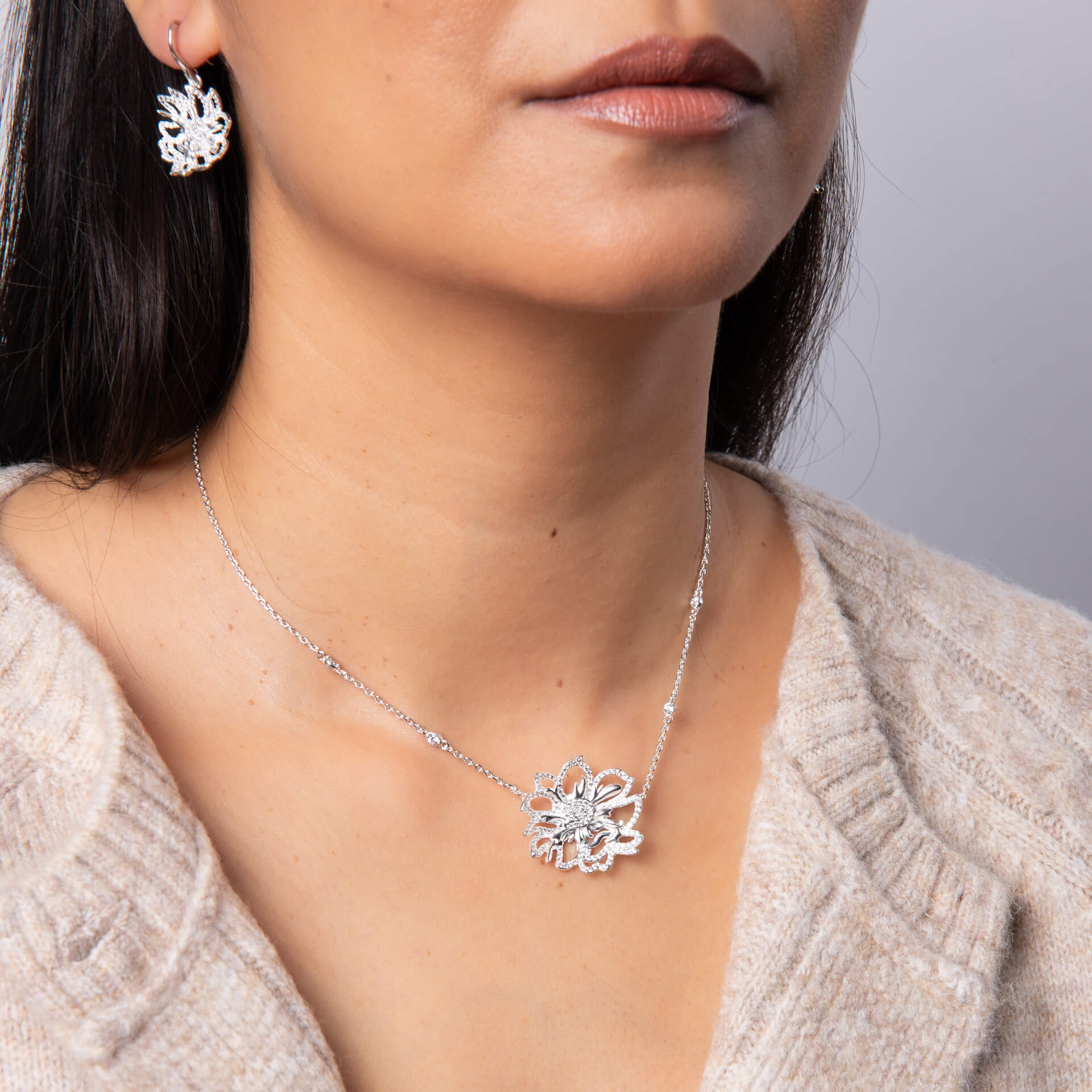 Redford Vine Flower Necklace | Silver-Plated Brass with Cubic Zirconia