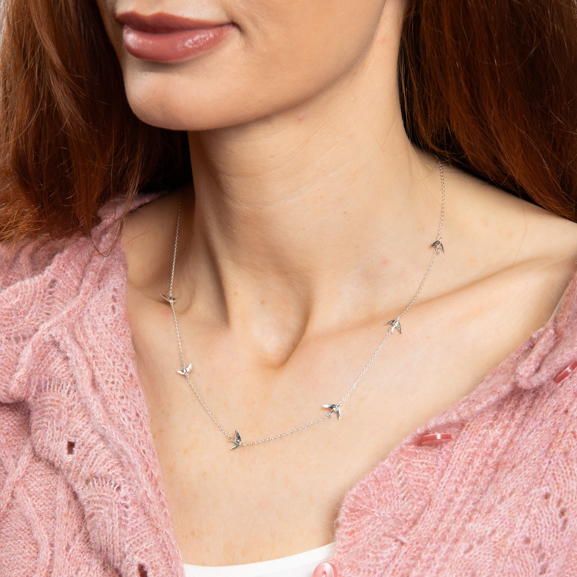 Laura Ashley Blue Birds Station Necklace in Recycled Sterling Silver