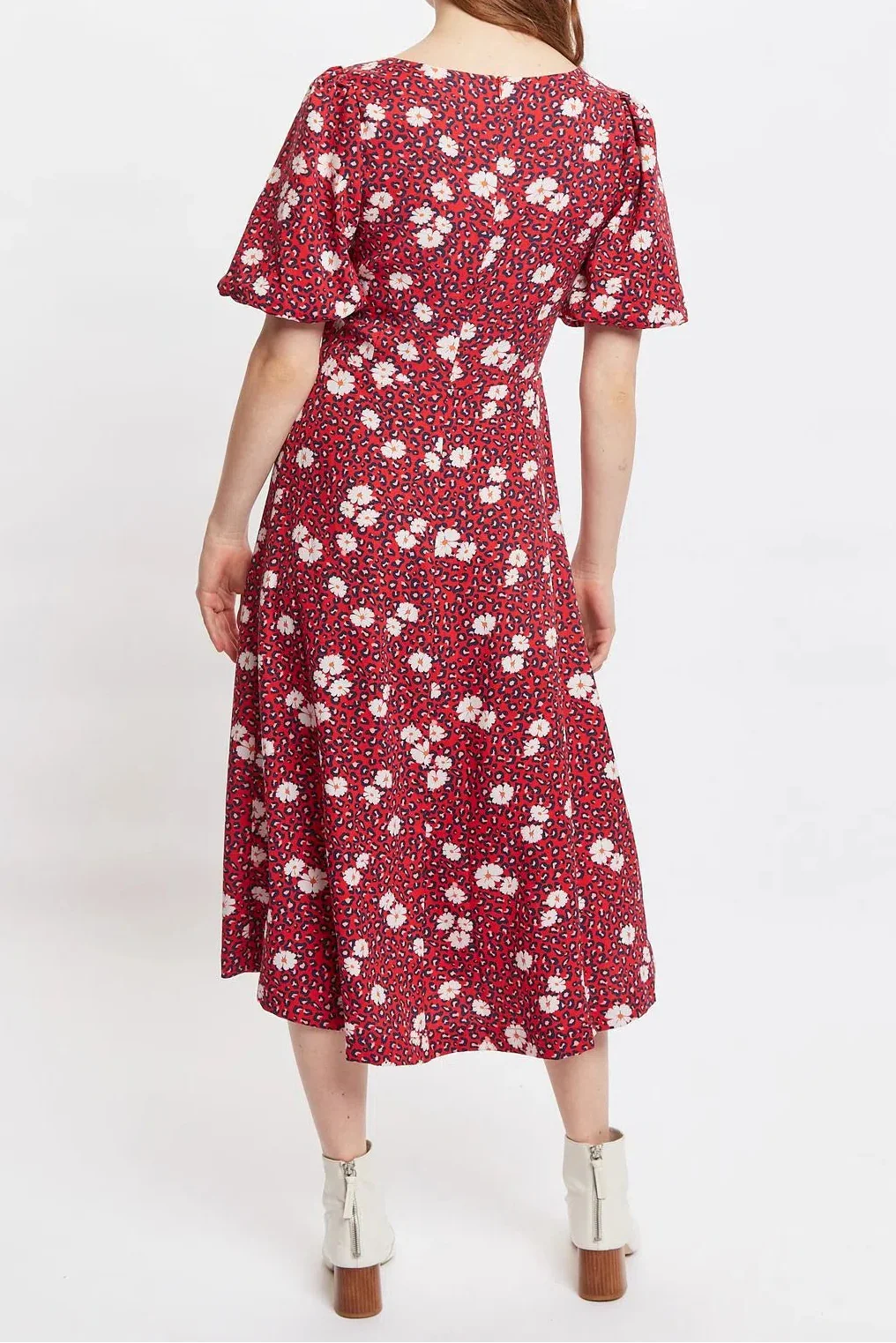 Louche Nadine Roaring Daisy Print Square Neck Balloon Sleeve Midi Dress Red