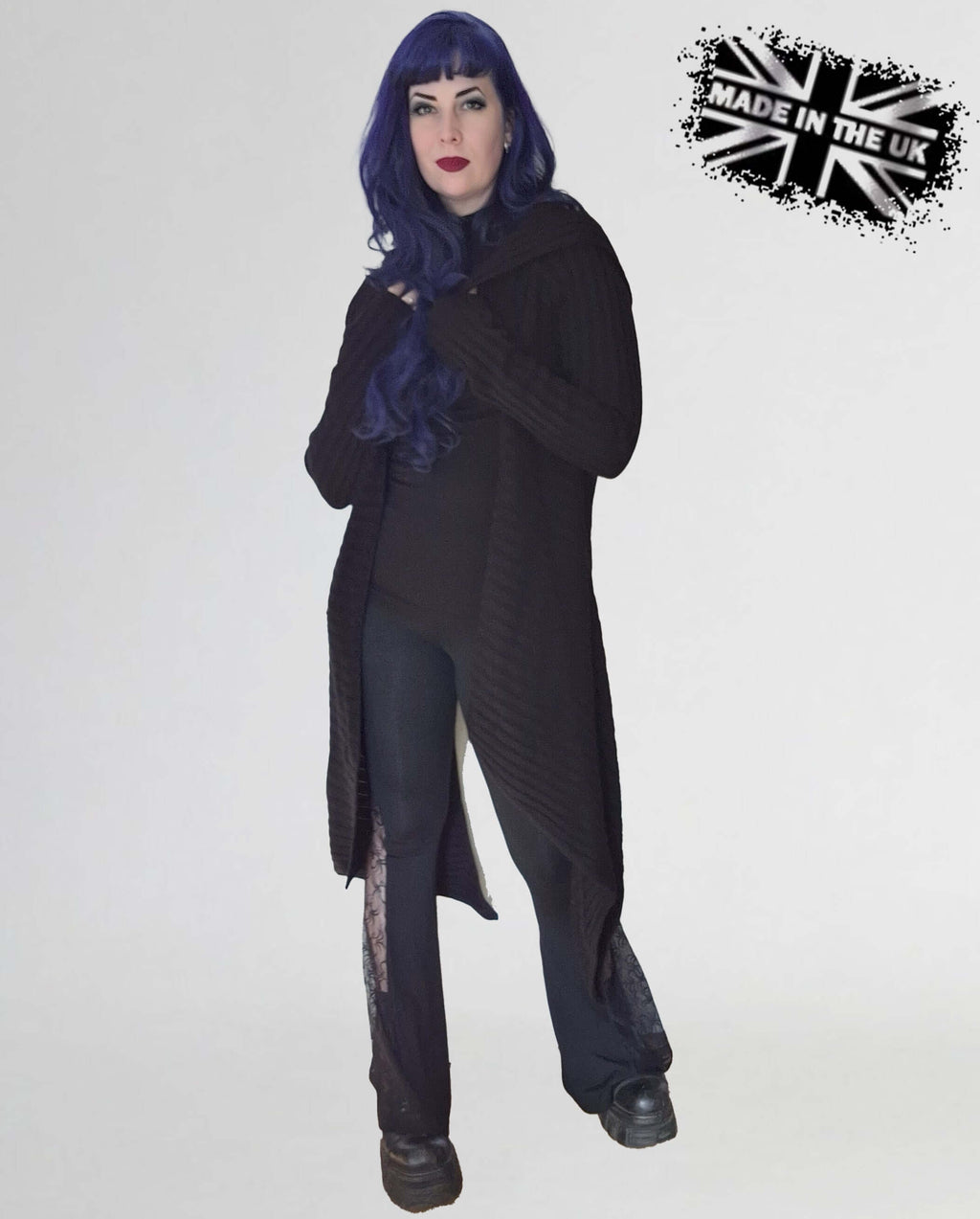 Necessary Evil Sabrina Ribbed Hooded Cardigan – Black Draped Gothic Wrap