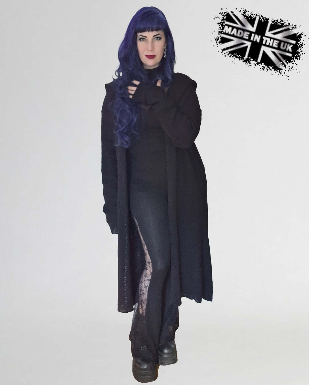 Necessary Evil Athena Long Gothic Hooded Cardigan – Black Knit Draped Top