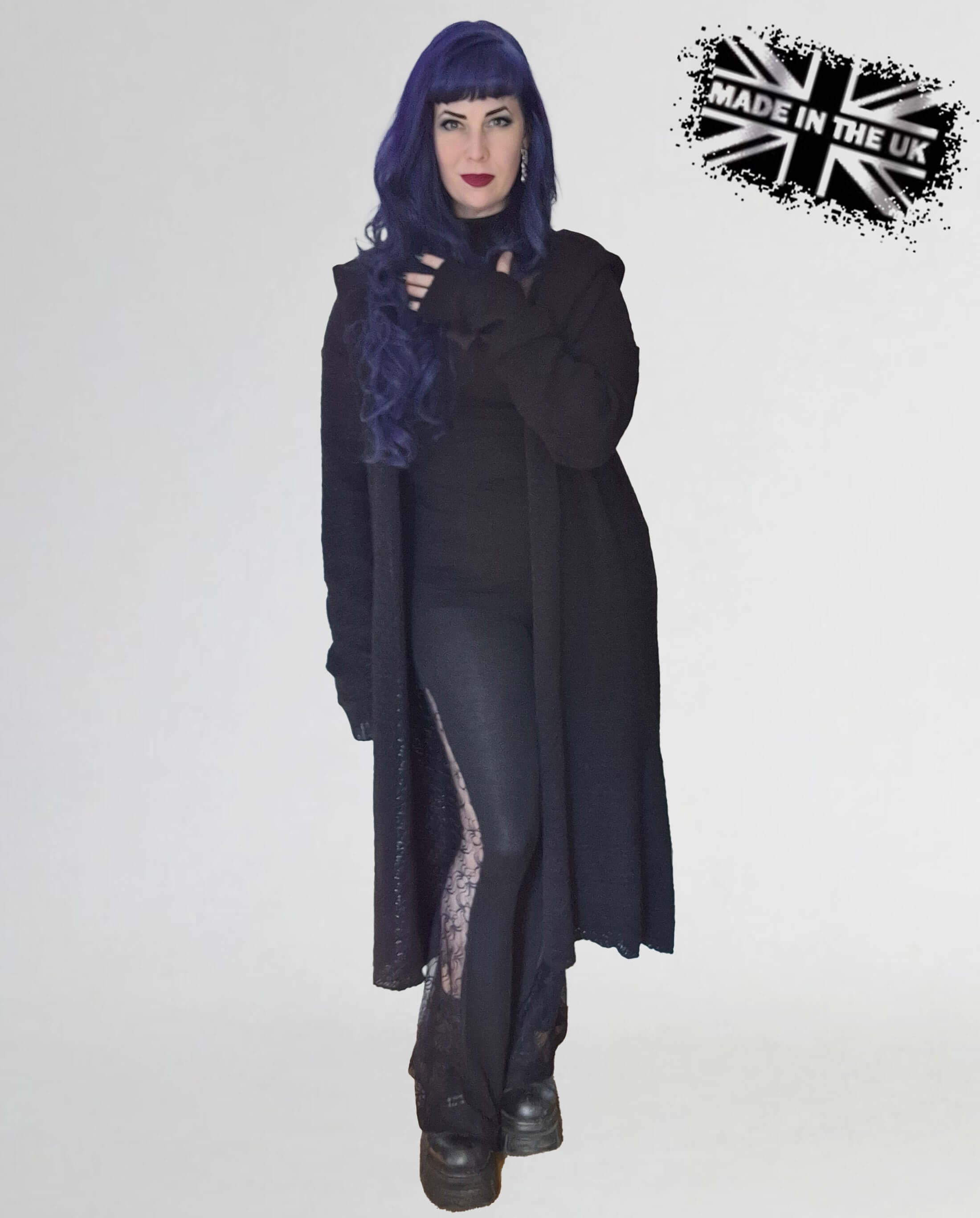 Necessary Evil Athena Long Gothic Hooded Cardigan – Black Knit Draped Top