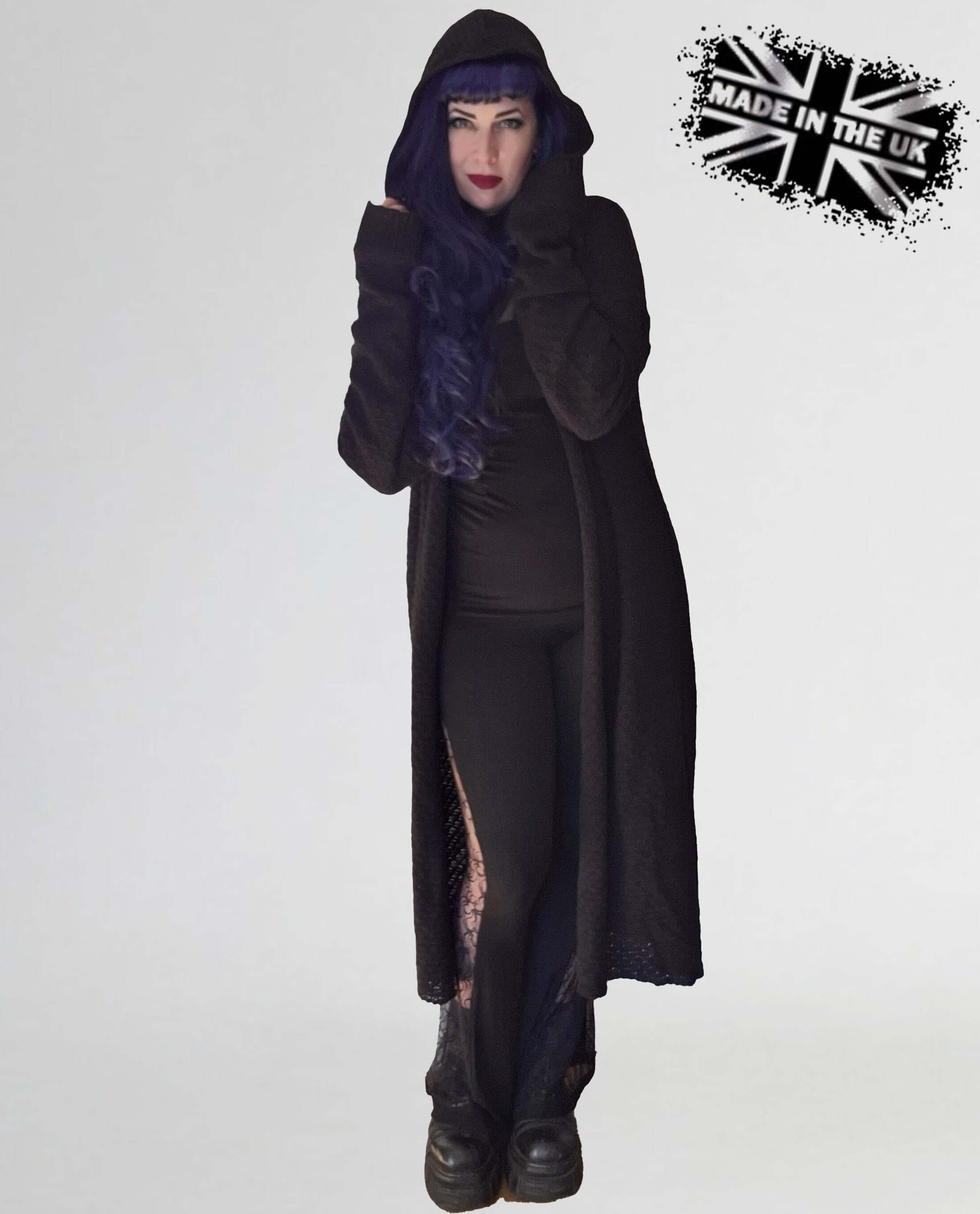 Necessary Evil Athena Long Gothic Hooded Cardigan – Black Knit Draped Top
