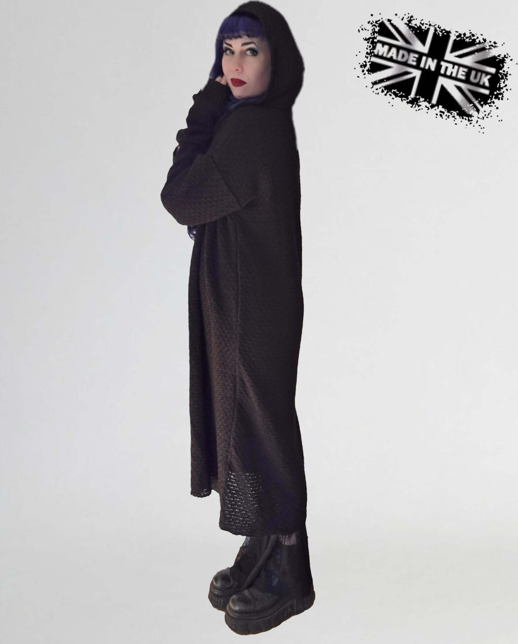 Necessary Evil Athena Long Gothic Hooded Cardigan – Black Knit Draped Top