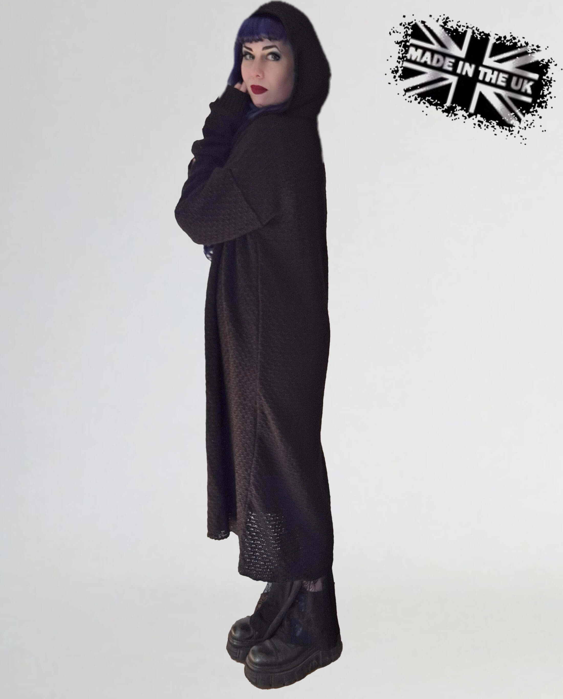 Necessary Evil Athena Long Gothic Hooded Cardigan – Black Knit Draped Top
