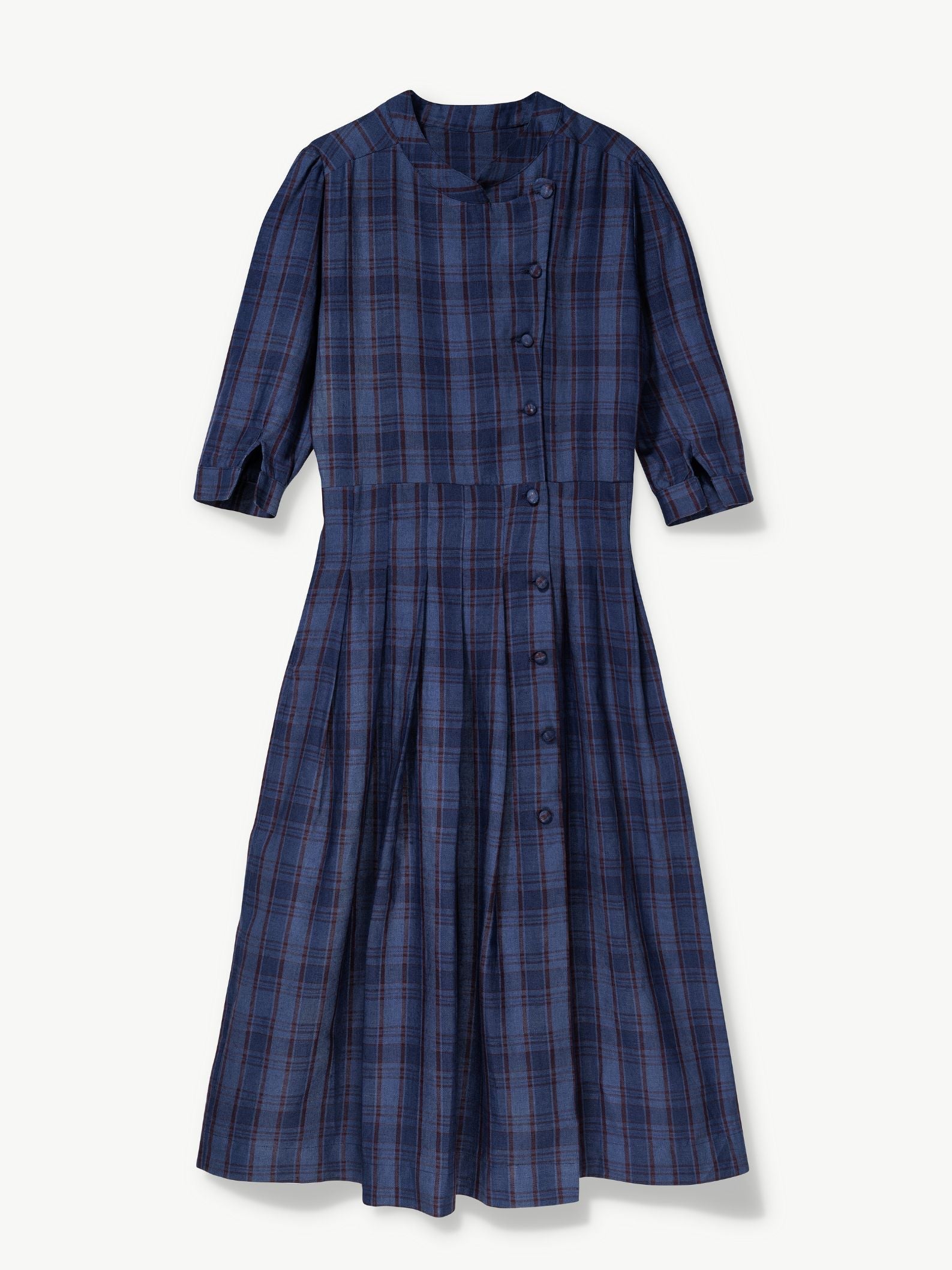 No More Nobody Talitha Organic Linen Midi Dress with Pockets – Navy Check