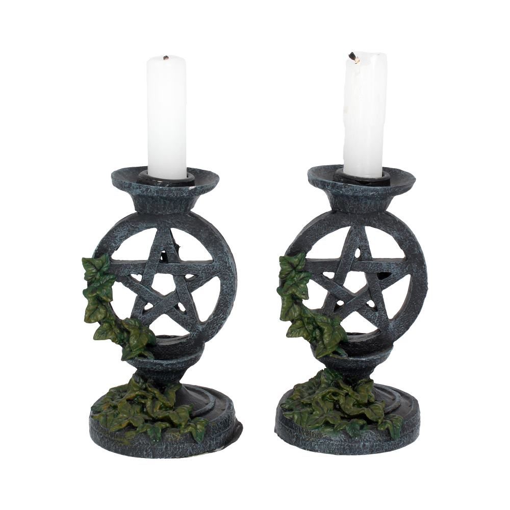 Nemesis Now Pentagram Candlesticks – Hand-Painted Ivy Design Pair