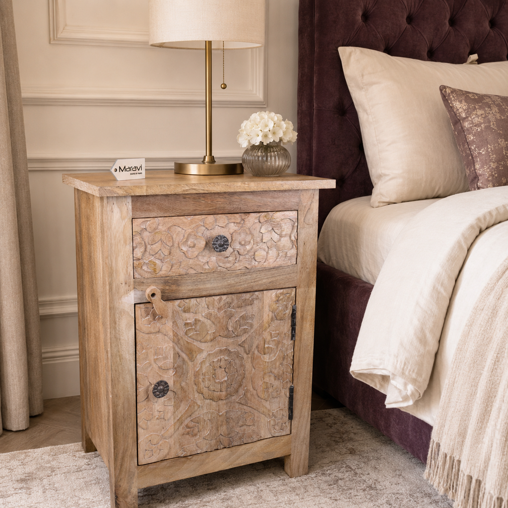 Nausel Mango Wood Bedside Cabinet Hand Carved